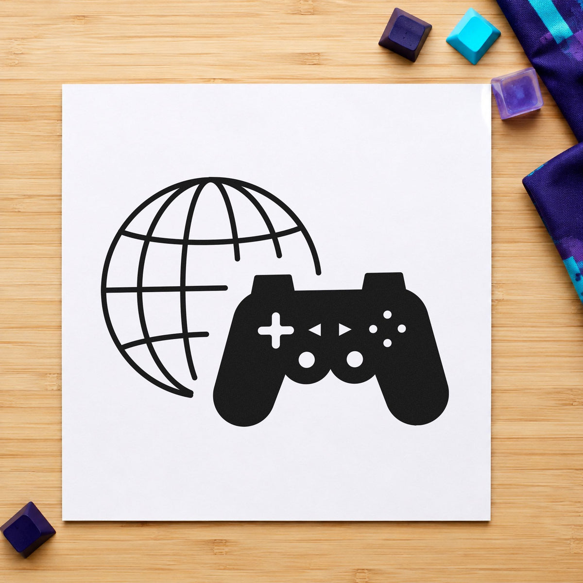 Online Gaming Globe Controller rubber stamp printed in black ink, ready for time zone sheet and similar paper crafts.