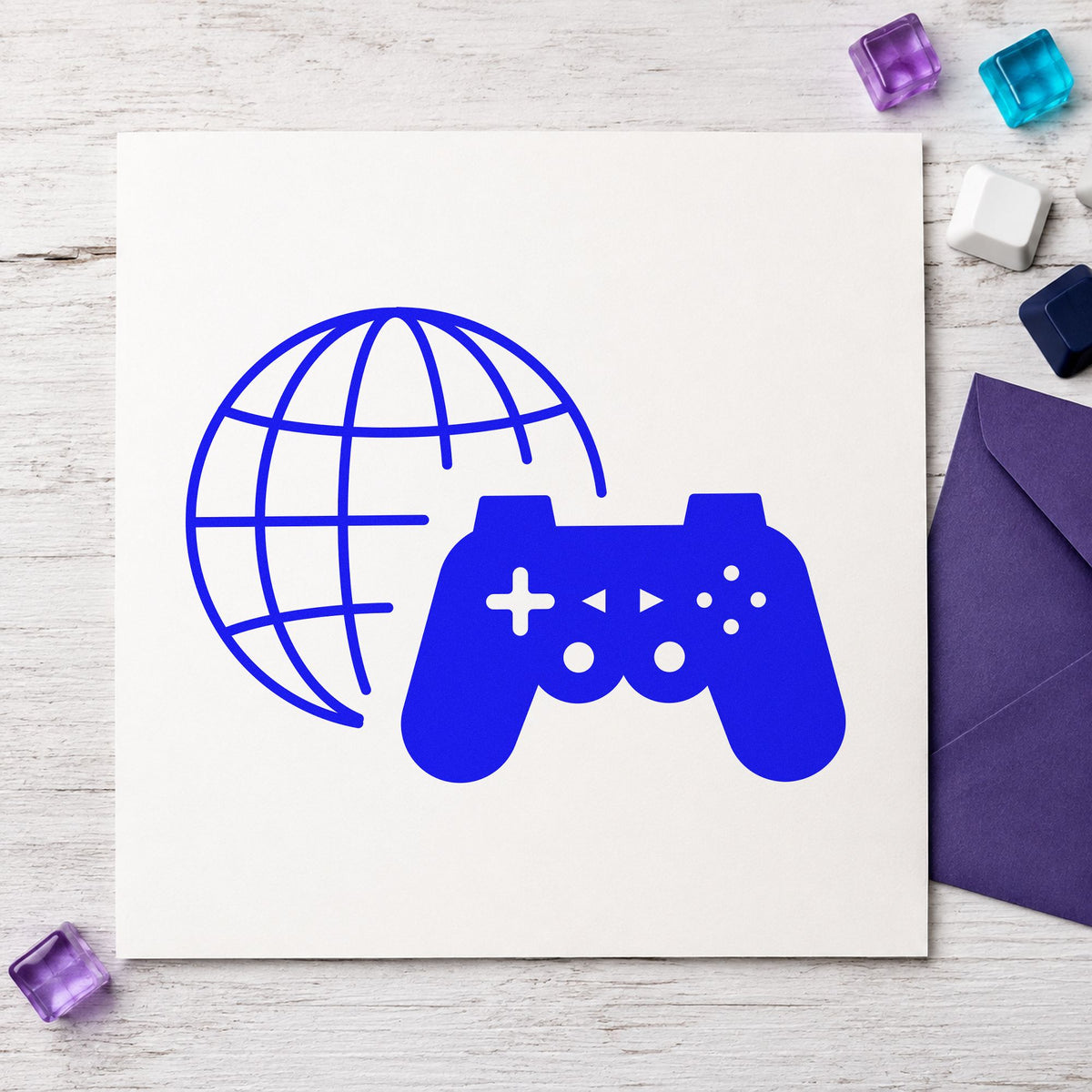 Online Gaming Globe Controller craft stamp in blue ink on cardstock, an easy option for wall banner printing.