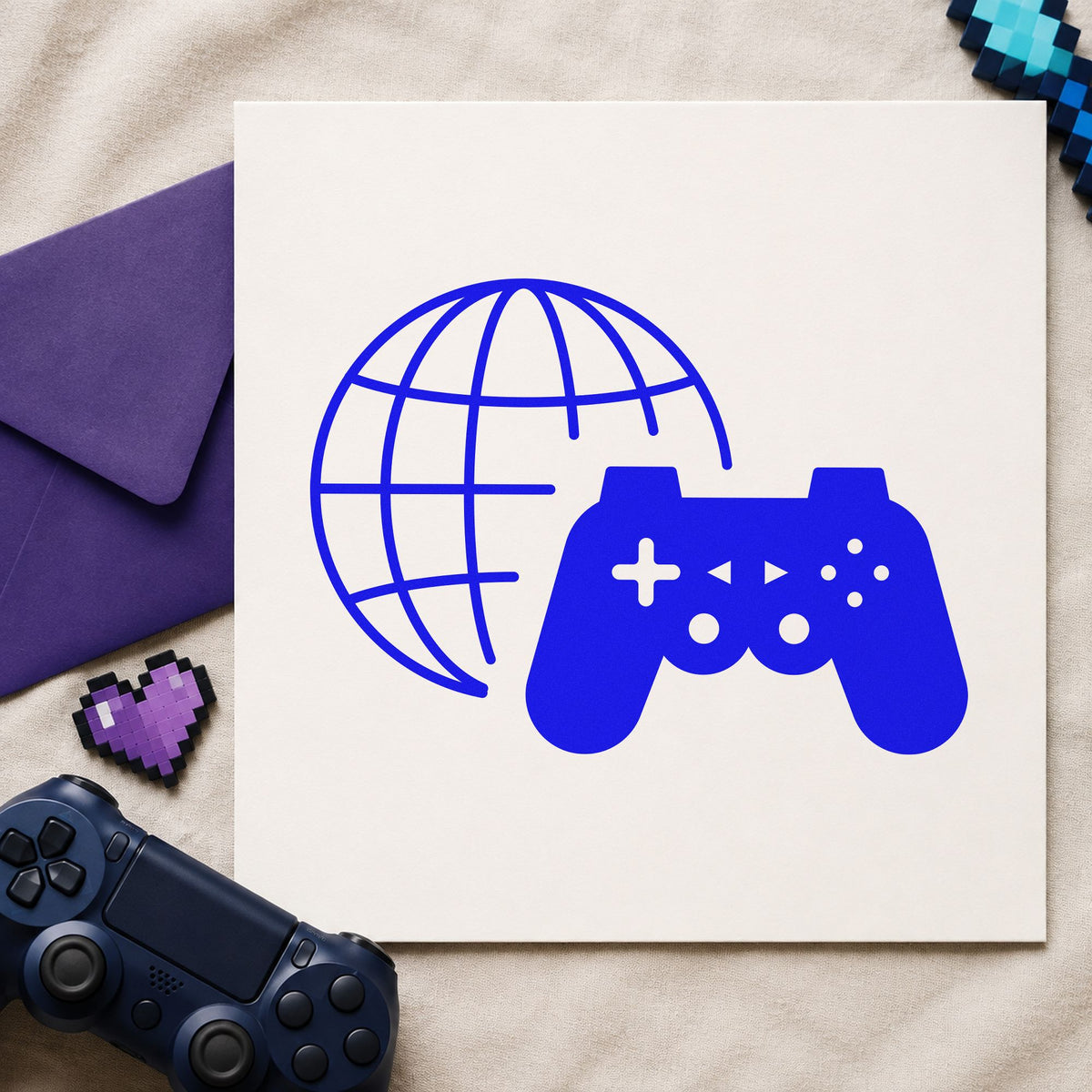 Online Gaming Globe Controller craft stamp imprinted in blue ink on paper, a design suited to framed living wall.