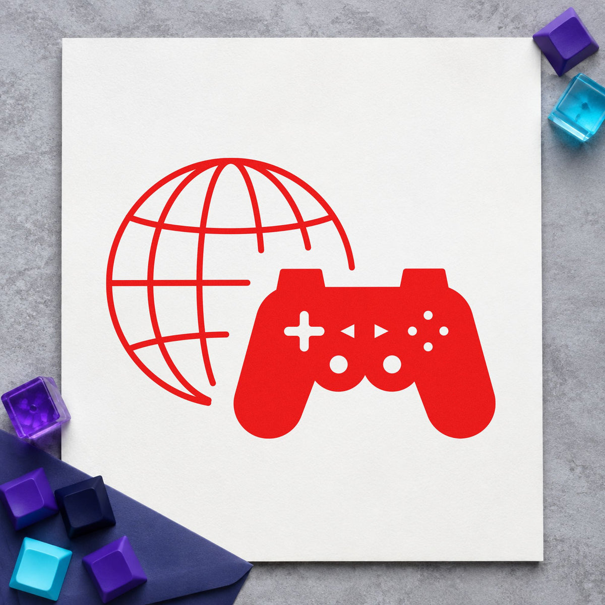 Online Gaming Globe Controller rubber stamp shown in red ink, stamped for projects such as bin snack labels.