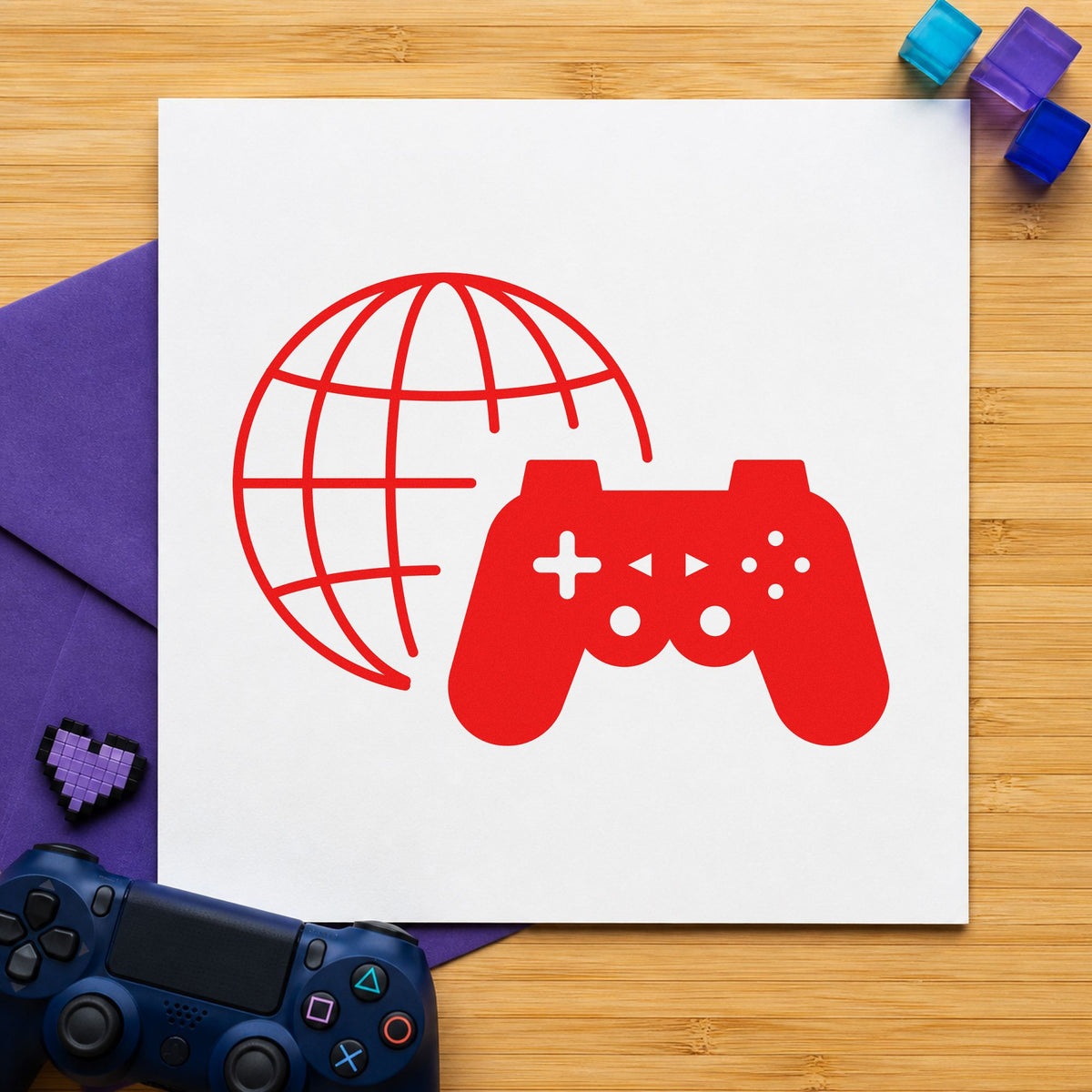 Online Gaming Globe Controller craft stamp imprint in red ink on a handmade project, one idea being match card notes.