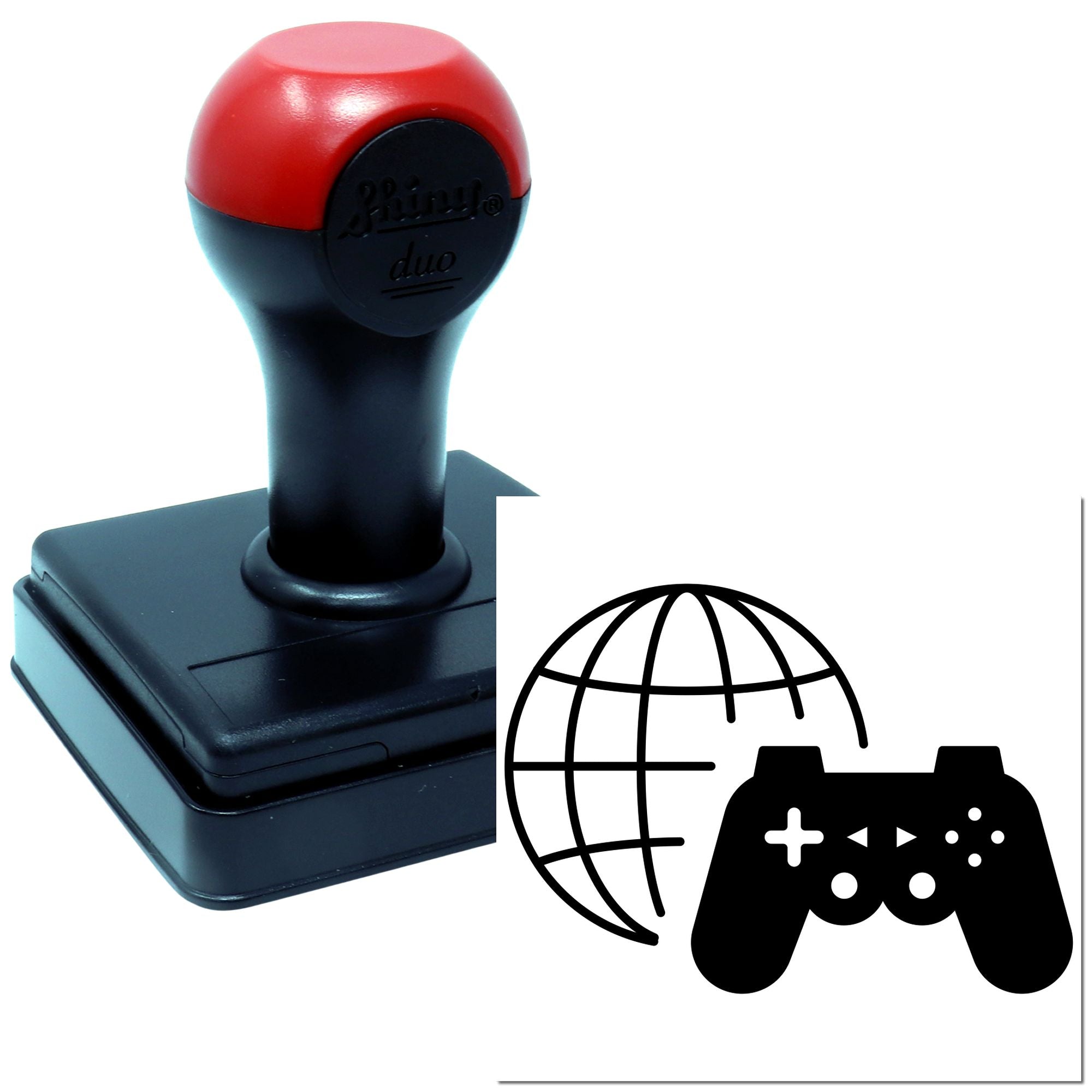 Custom self-inking rubber stamp for global gaming branding, featuring a globe and video game controller icon.