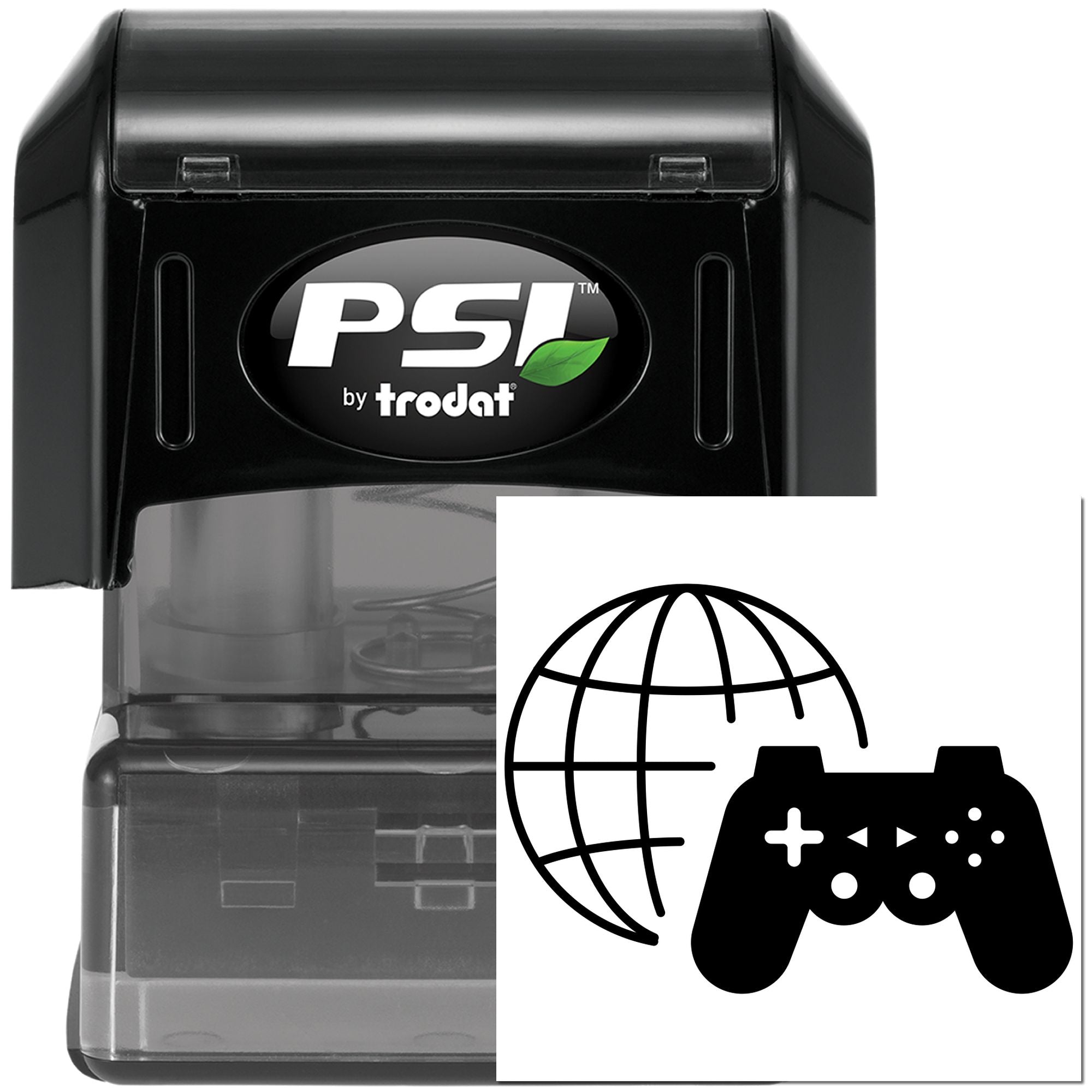 PSI by Trodat self-inking rubber stamp with globe and game controller icon for custom gaming, online, or branding use.