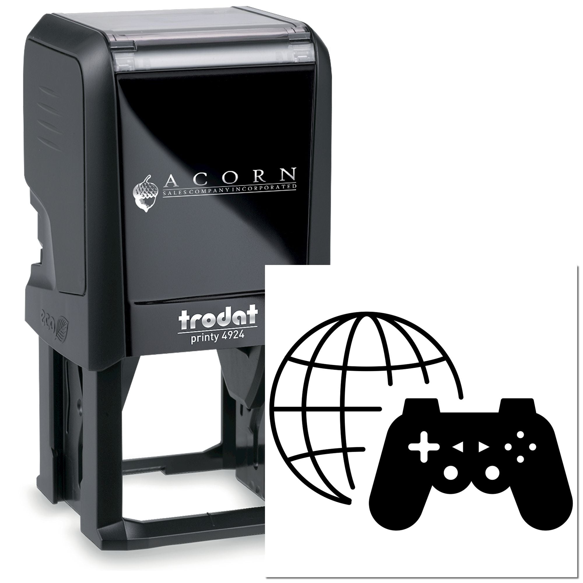 Custom self-inking rubber stamp with Trodat Printy 4924 and globe game controller logo for personalized business branding.