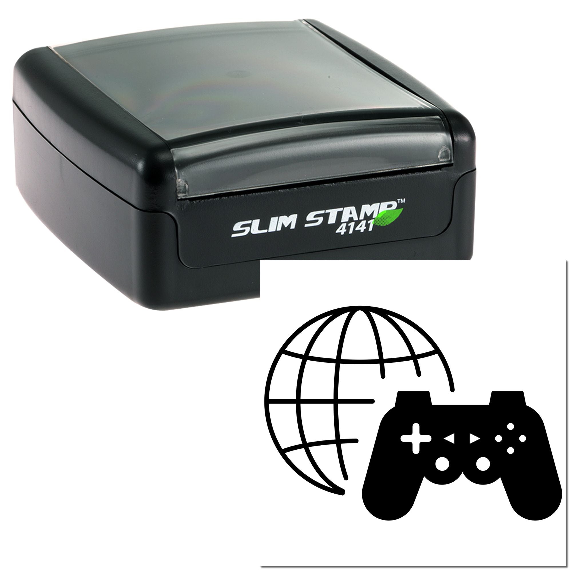 Slim Stamp 4141 self-inking rubber stamp featuring globe and game controller icon for global gaming branding