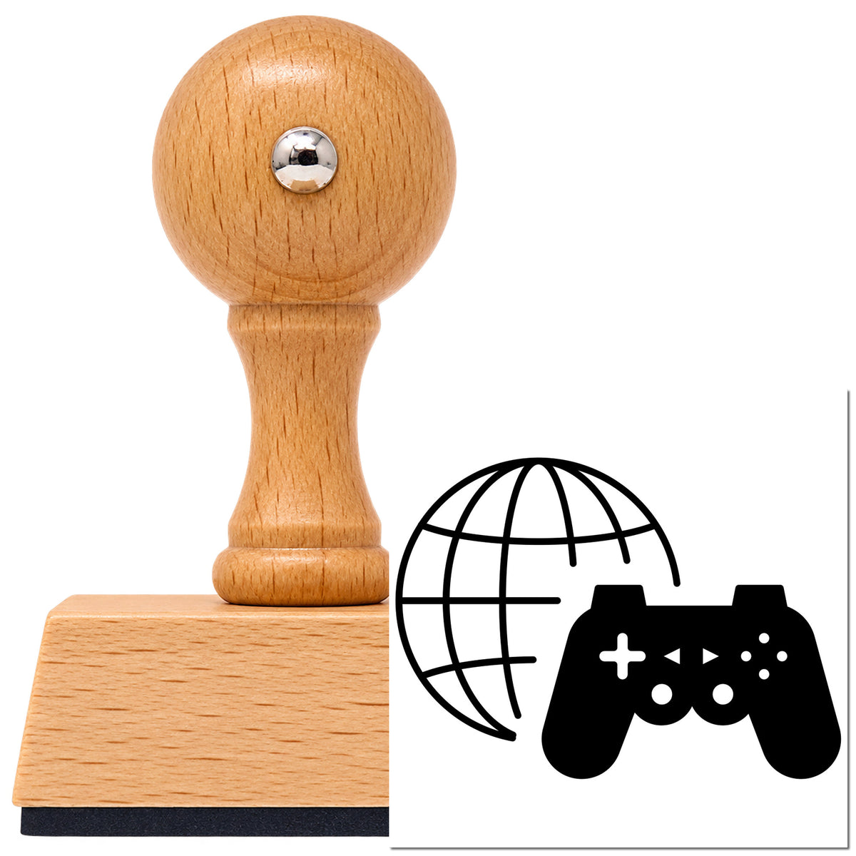 Wireframe Globe With Game Controller Vintage Pro rubber stamp in European beech wood with a round knob handle, shown beside its black imprint.