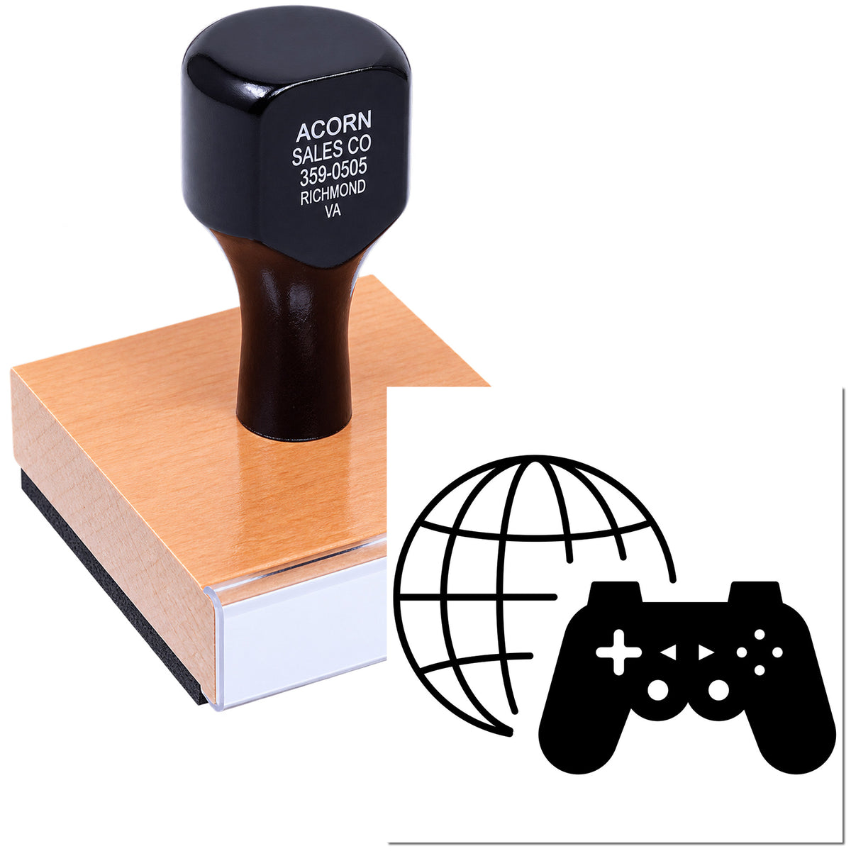 Custom rubber stamp on wood mount for business branding, address, and logo use