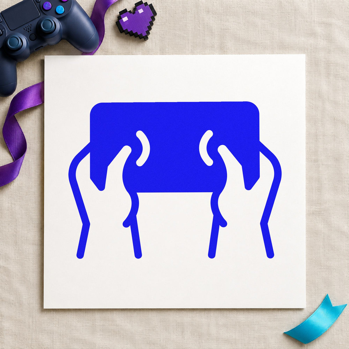 Hands Holding Dark Tablet craft stamp imprinted in blue ink on paper, a design suited to framed activity room.