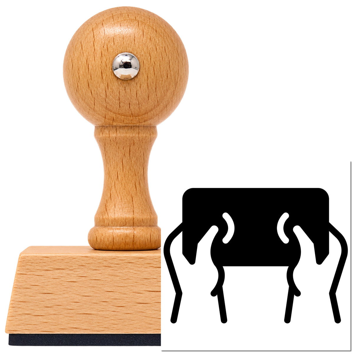 Hands Holding A Solid Tablet Outline Detail Vintage Pro rubber stamp in European beech wood with a round knob handle, shown beside its black imprint.