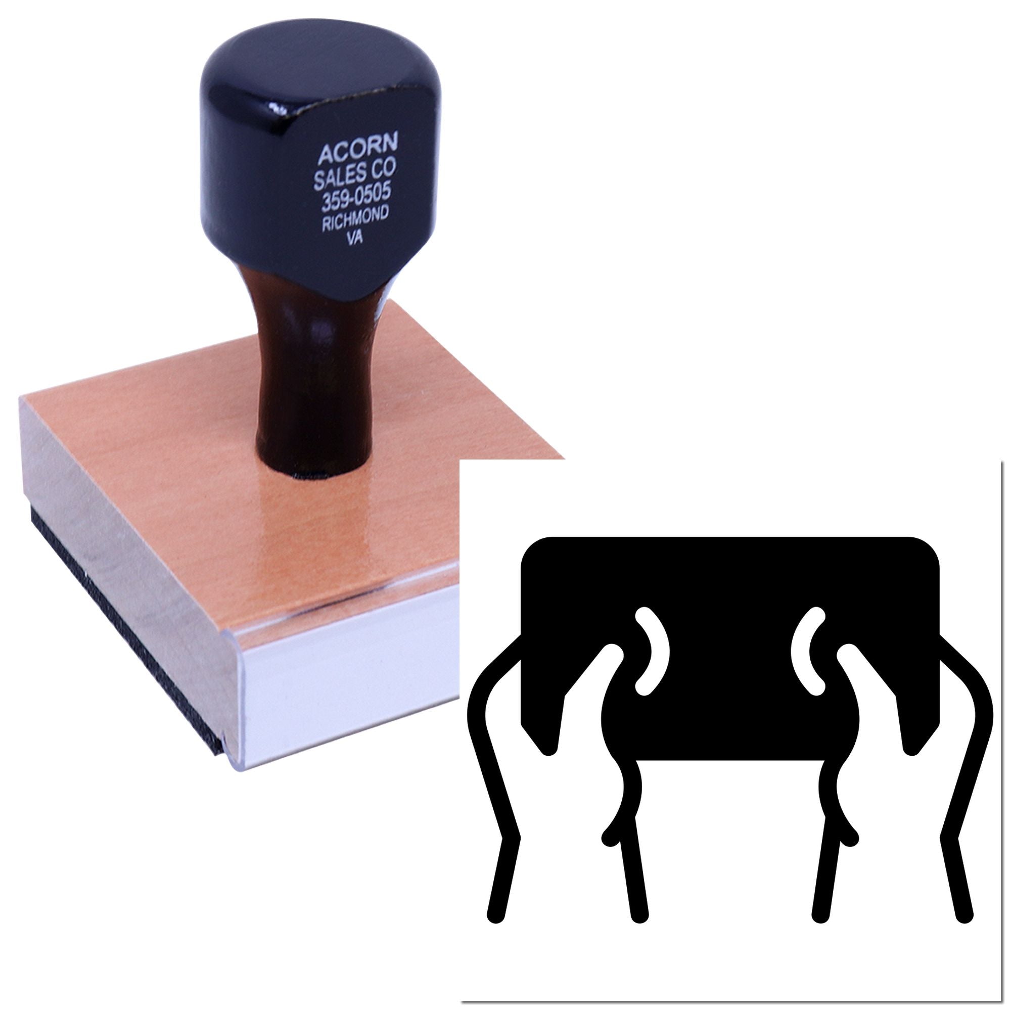 Wood-mounted custom rubber stamp for business logo, address, and phone number imprinting.