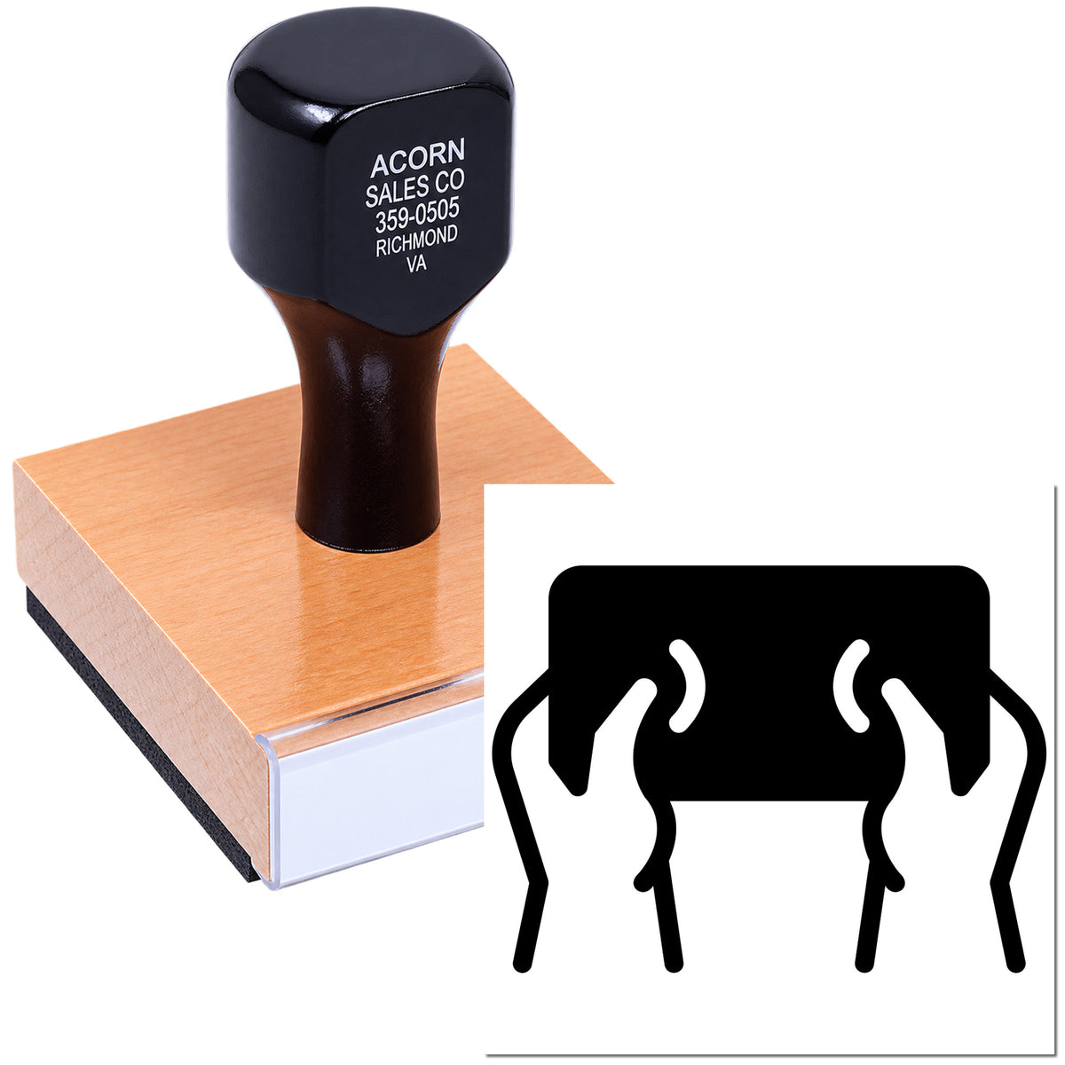 Wood-mounted custom rubber stamp for business logo, address, and phone number imprinting.