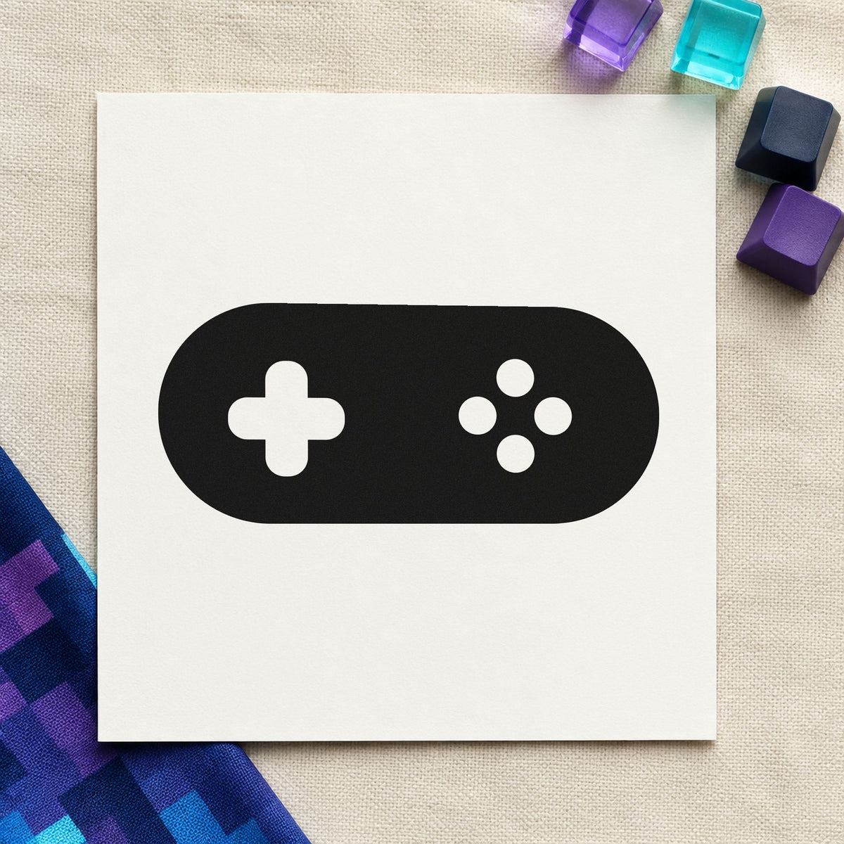 Rounded Retro Game Controller craft stamp in black ink on cardstock, an easy option for arcade floor album page.