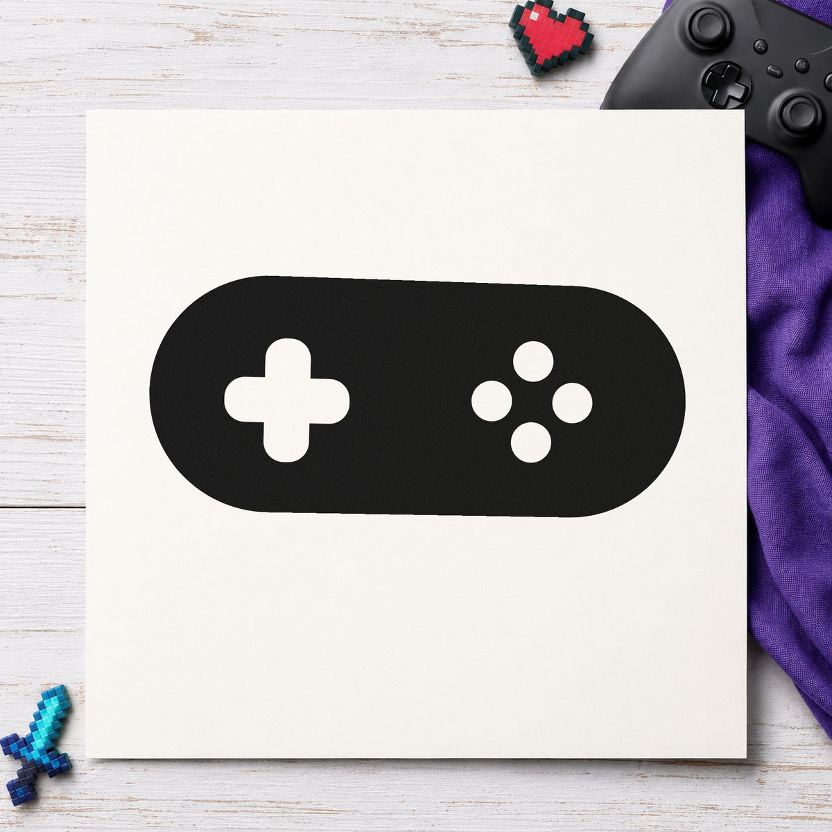 Rounded Retro Game Controller rubber stamp printed in black ink, ready for pill shape cards and similar paper crafts.