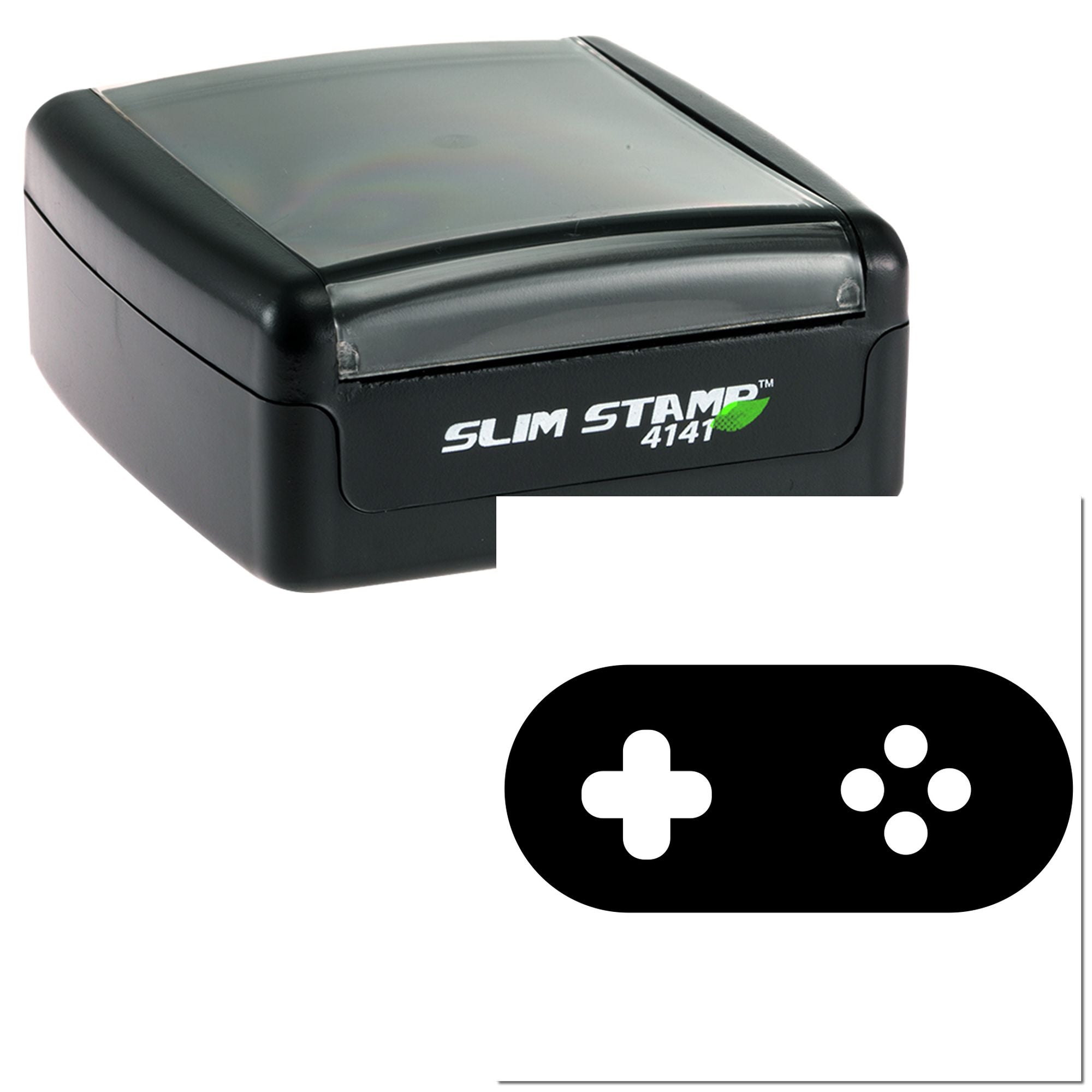 Slim Stamp 4141 self-inking rubber stamp with custom rounded-rectangle plus-and-dots imprint.