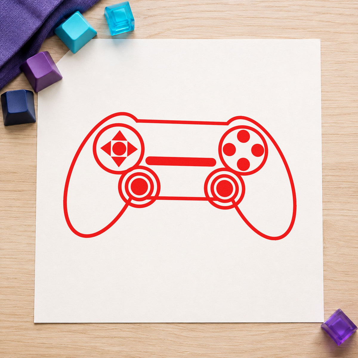 Outlined Dual Stick Controller rubber stamp shown in red ink, stamped for projects such as drawer asset labels.