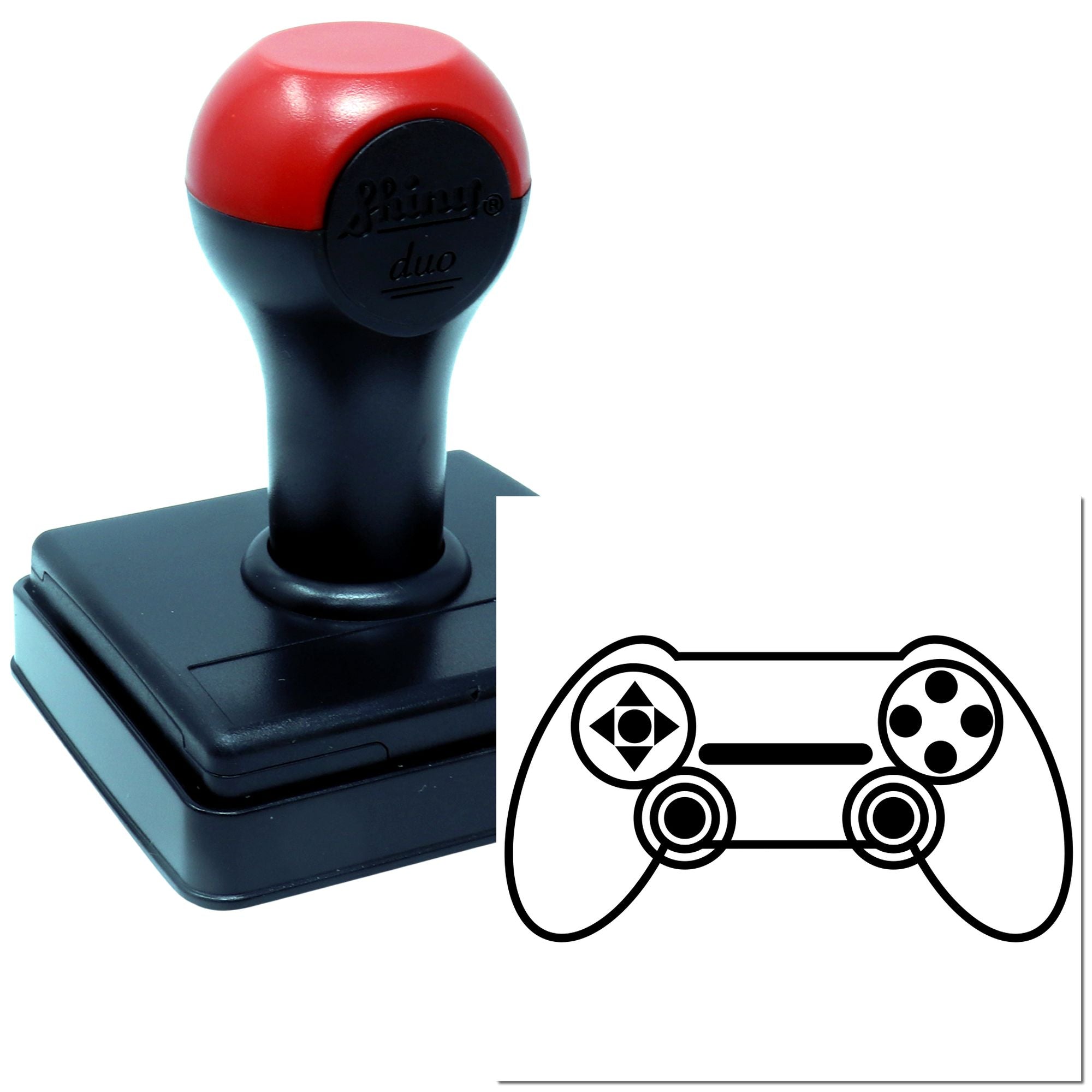 Self-inking rubber stamp with game controller design for custom gamer logo marking and branding.