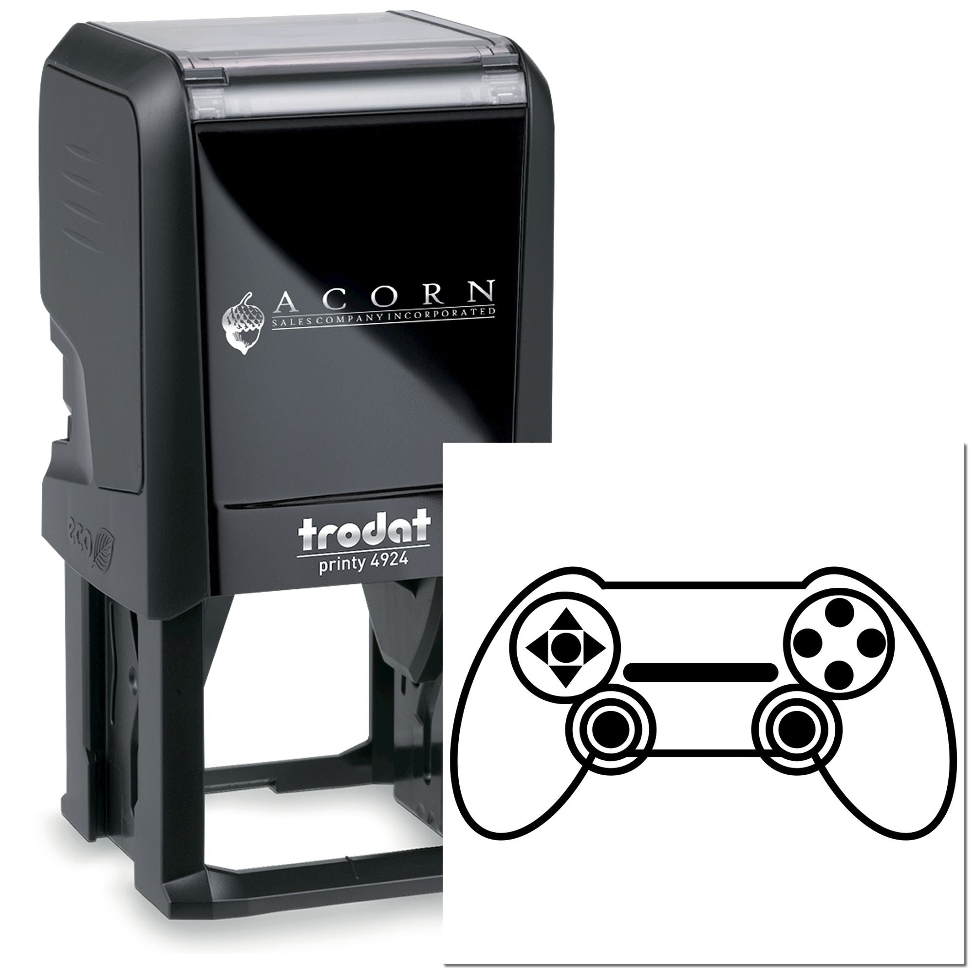 Custom Trodat Printy 4924 self-inking rubber stamp with game controller logo imprint for branded business use