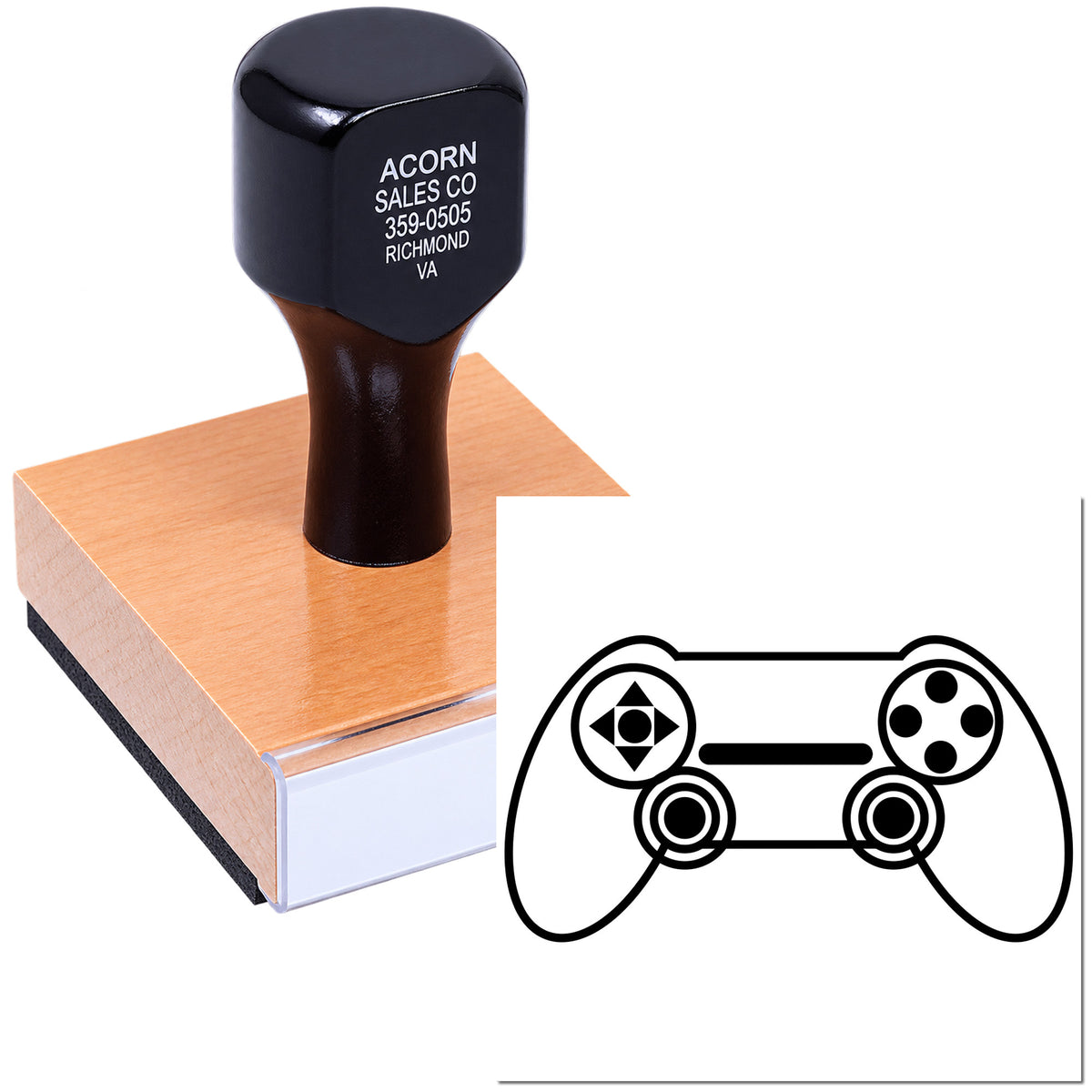Custom rubber stamp with handle and game controller logo, shown with design proof for personalized stamping.