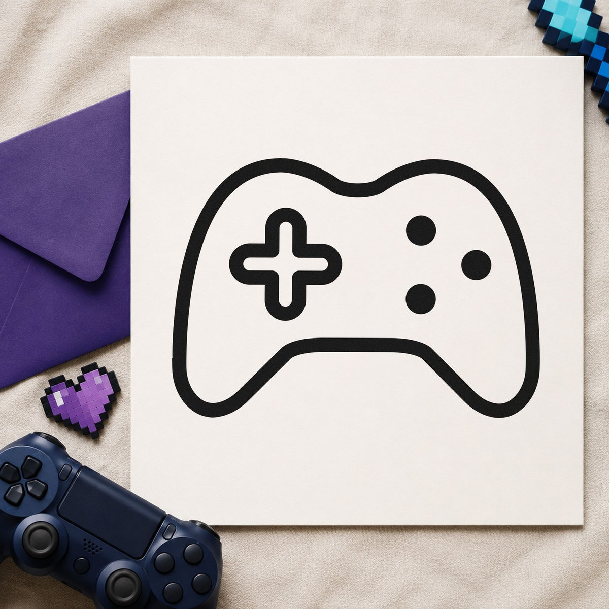 Three Button Controller Outline rubber stamp printed in black ink, ready for setup step sheet and similar paper crafts.