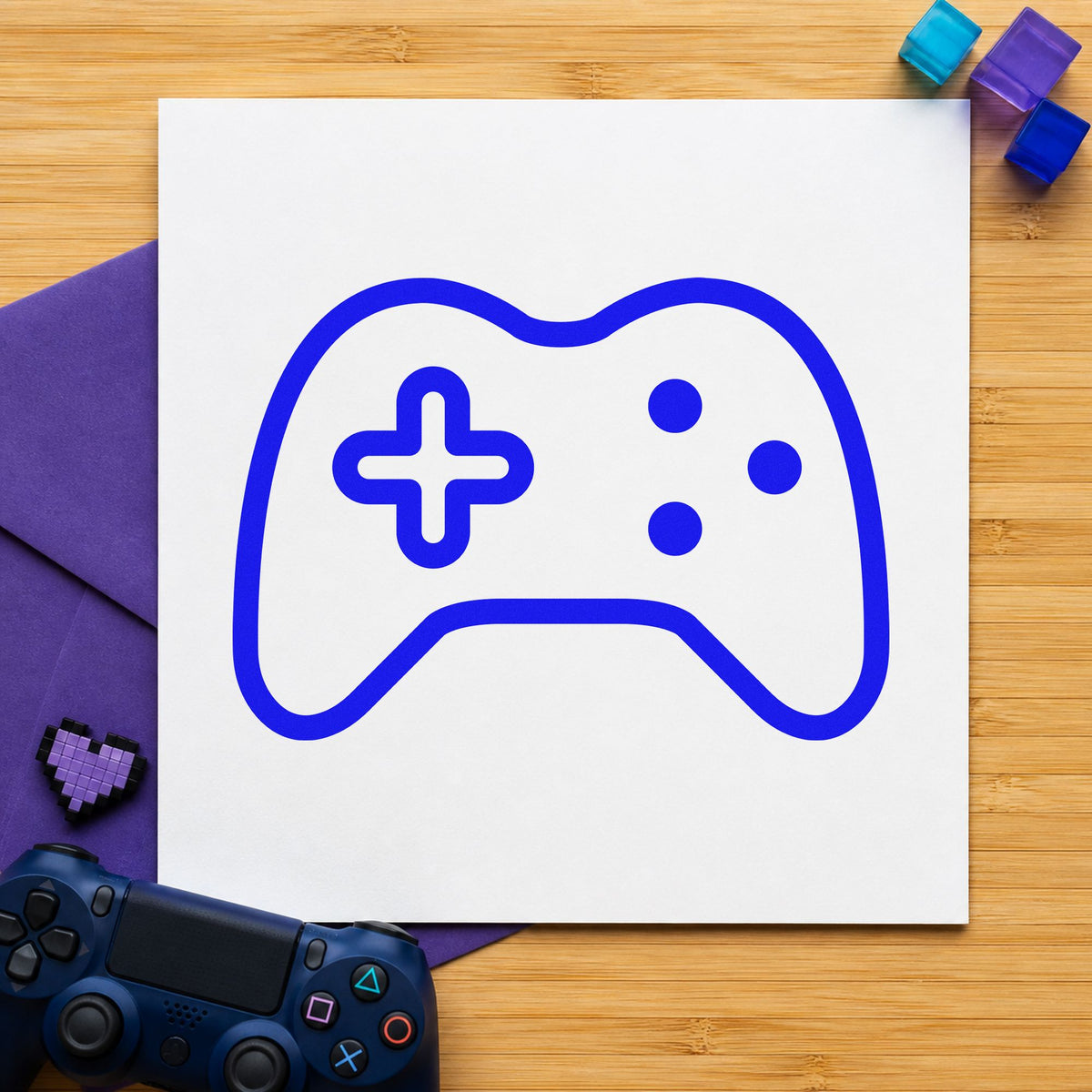 Three Button Controller Outline craft stamp imprinted in blue ink on paper, a design suited to framed living shelf.