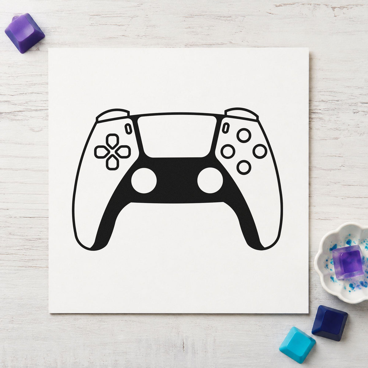 Modern Two Tone Controller craft stamp in black ink on cardstock, an easy option for review album page.