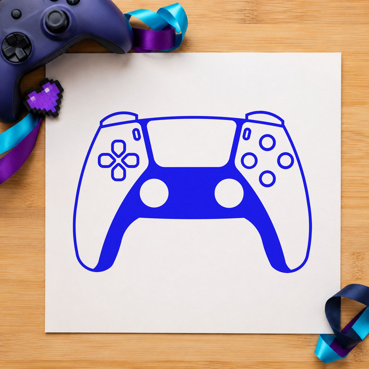 Modern Two Tone Controller craft stamp in blue ink on cardstock, an easy option for backdrop cloth printing.
