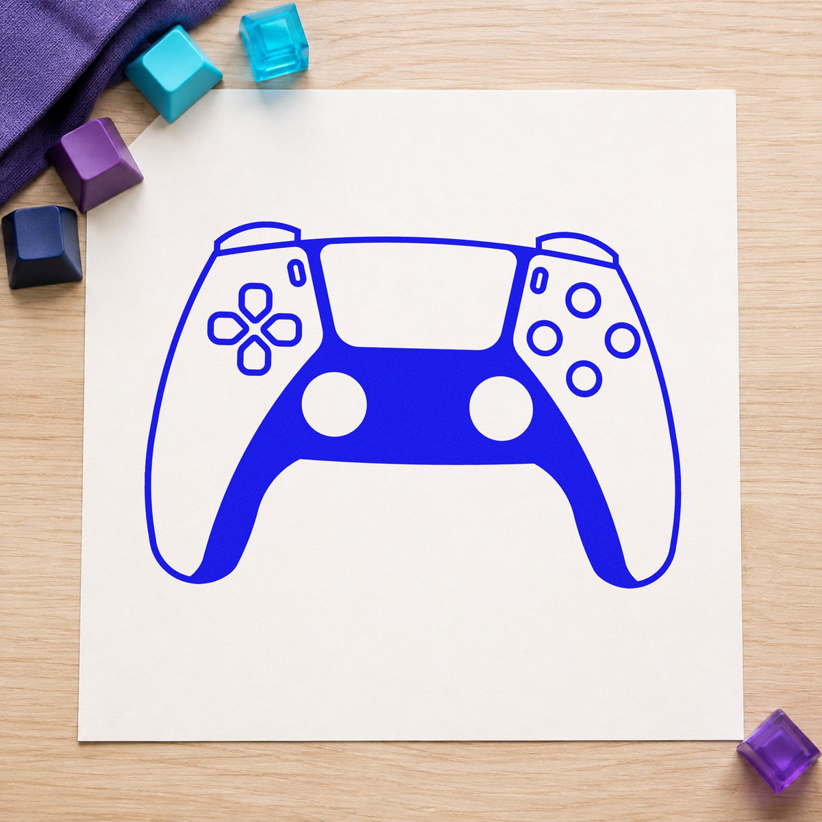 Modern Two Tone Controller craft stamp imprinted in blue ink on paper, a design suited to framed shoot corner.