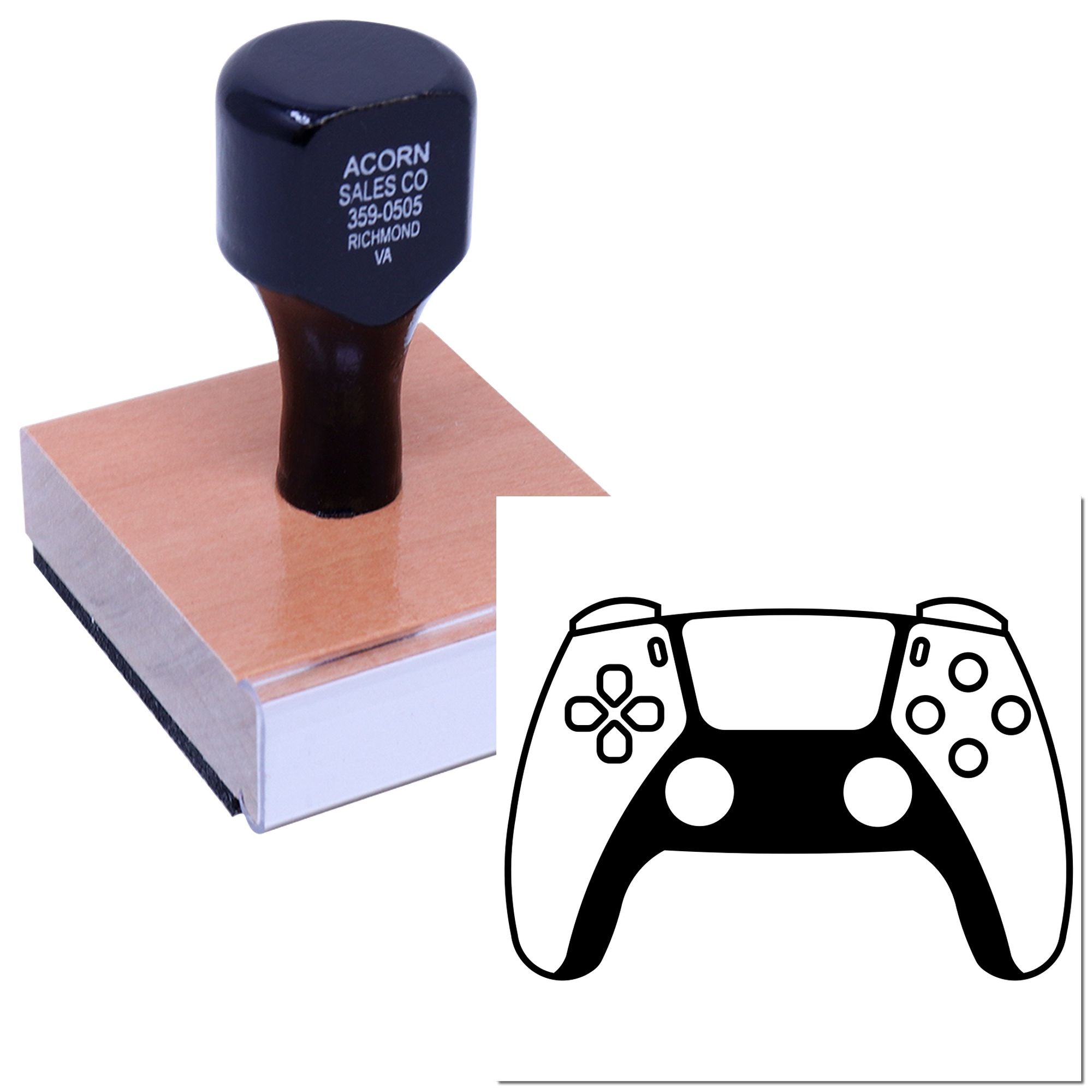 Custom rubber stamp featuring a video game controller design for branding, packaging, and promotional use.