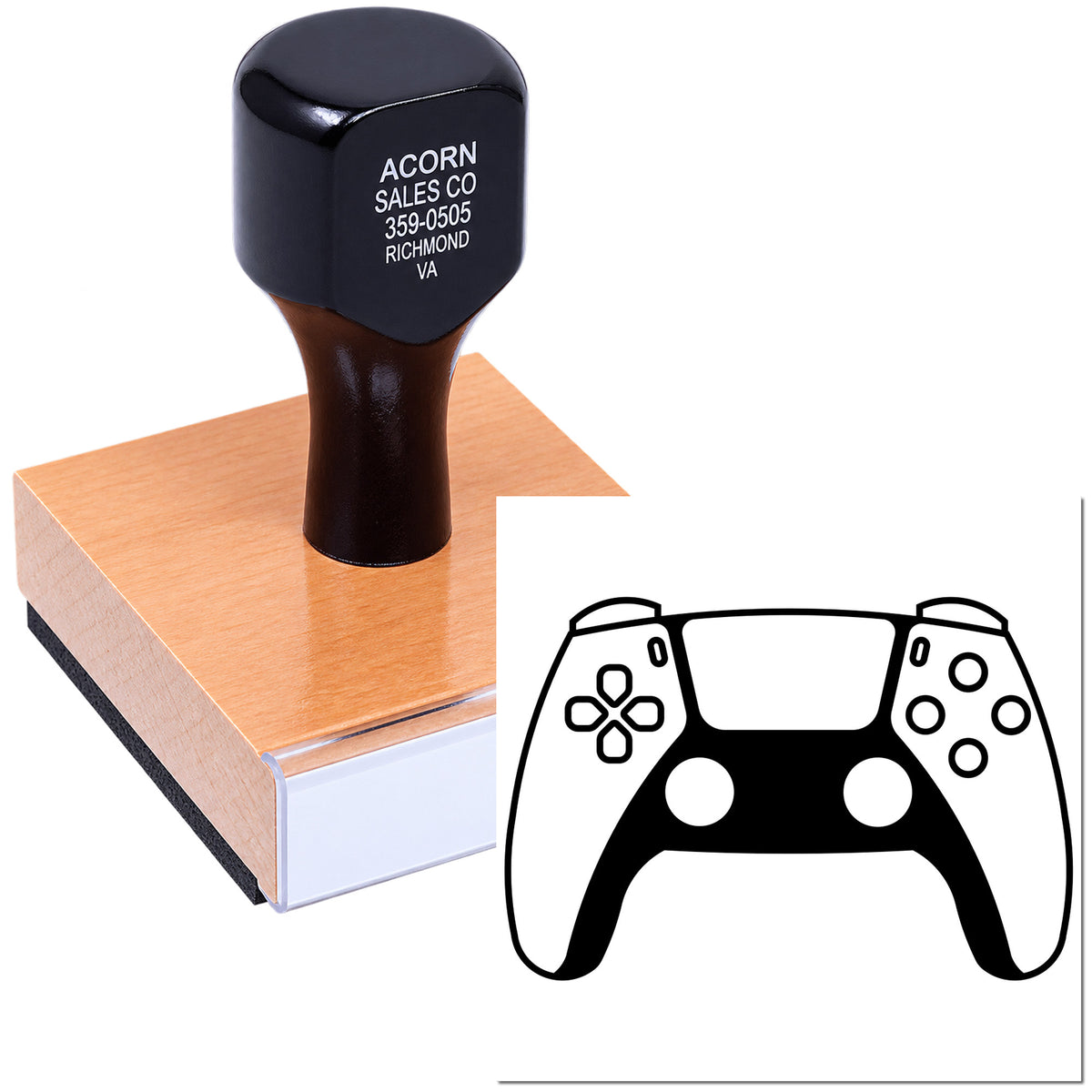 Custom rubber stamp featuring a video game controller design for branding, packaging, and promotional use.