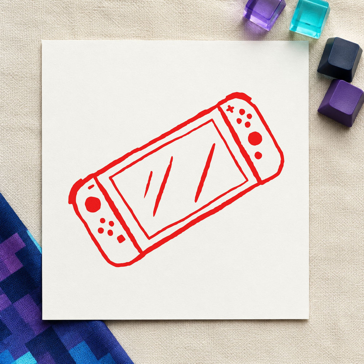 Handheld Gaming Console Outline rubber stamp shown in red ink, stamped for projects such as bin cartridge labels.