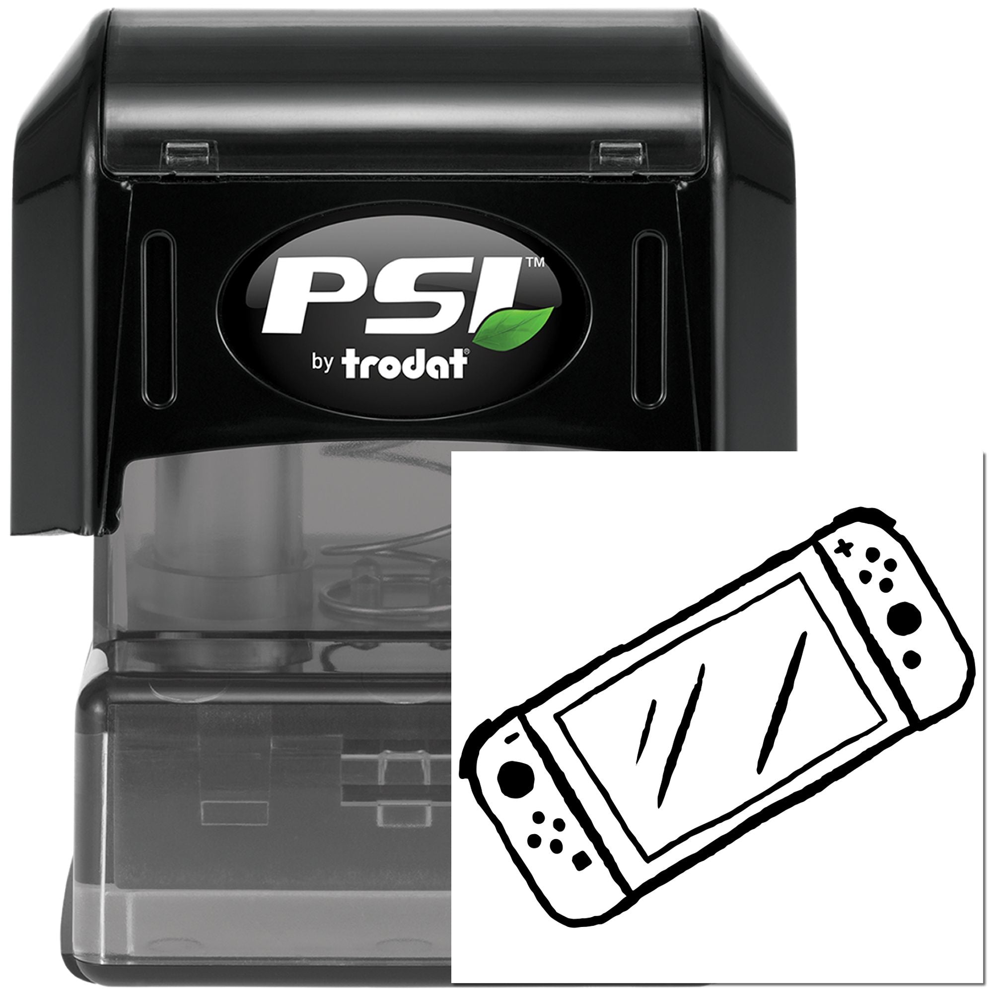 PSI by Trodat self-inking rubber stamp with custom logo imprint for office, business, and mailing use.