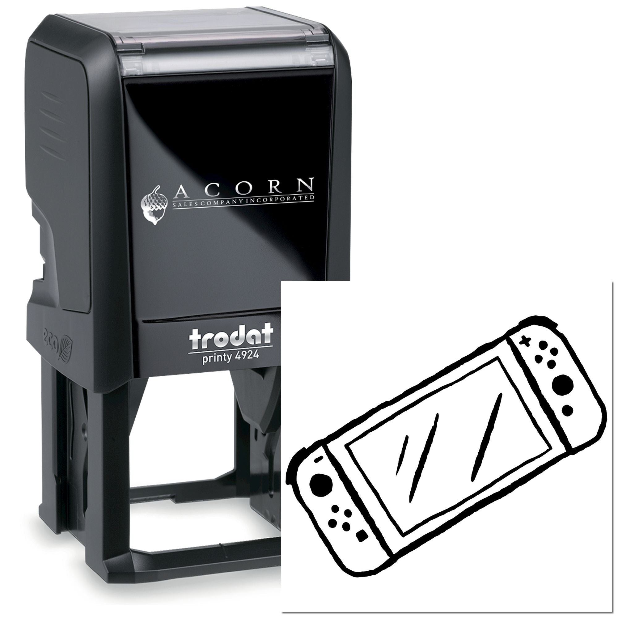 Custom self-inking rubber stamp for business branding, Trodat Printy 4924 with Acorn Sales Company logo and imprint sample.