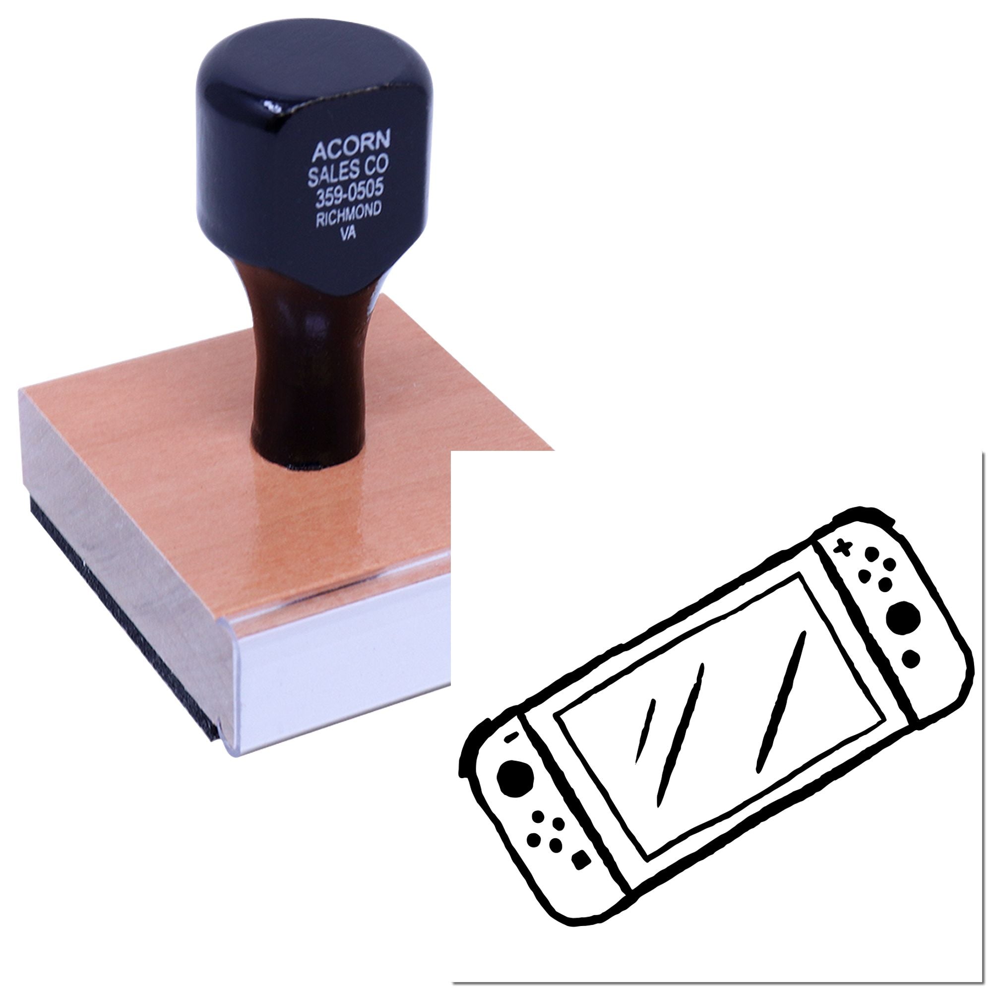 Custom rubber stamp on block for business address and logo imprint, ideal for professional office branding.