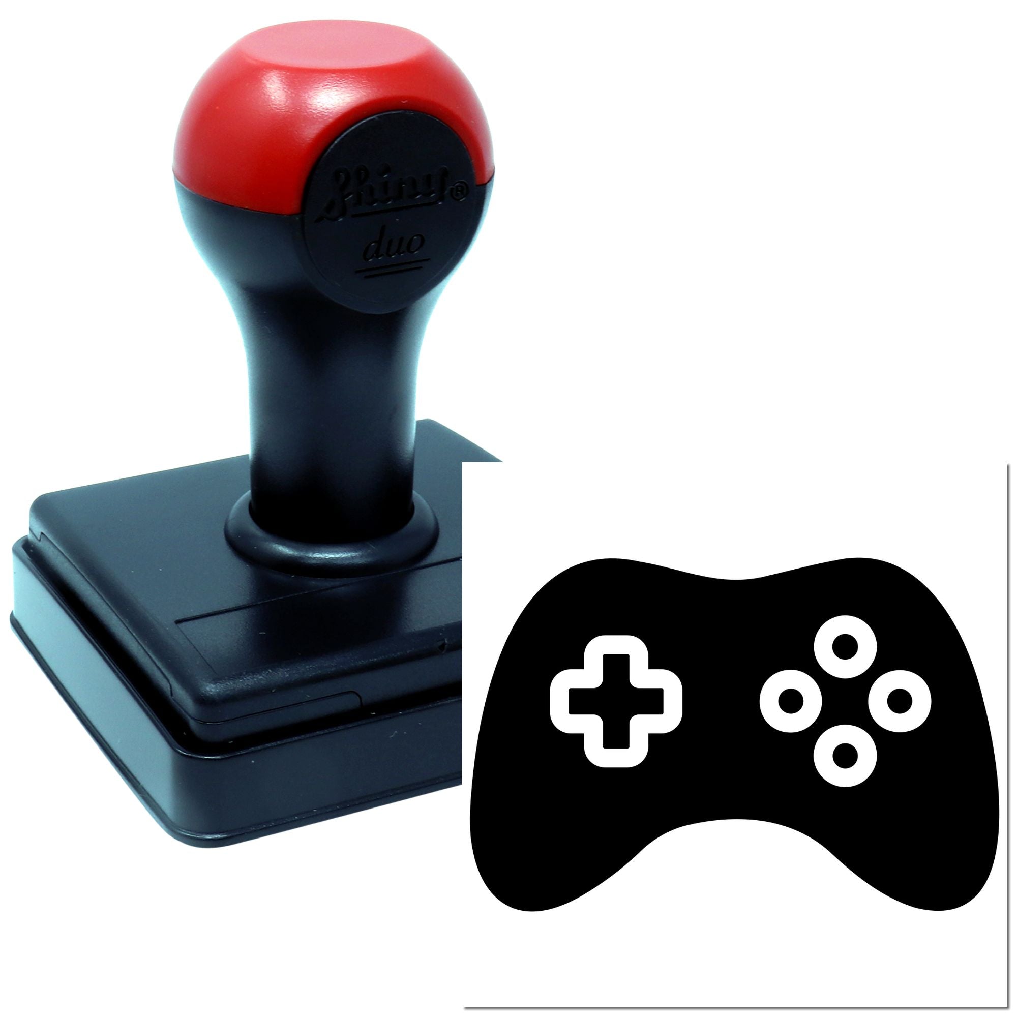 Self-inking rubber stamp with custom game controller design for gaming-themed branding and personal marking