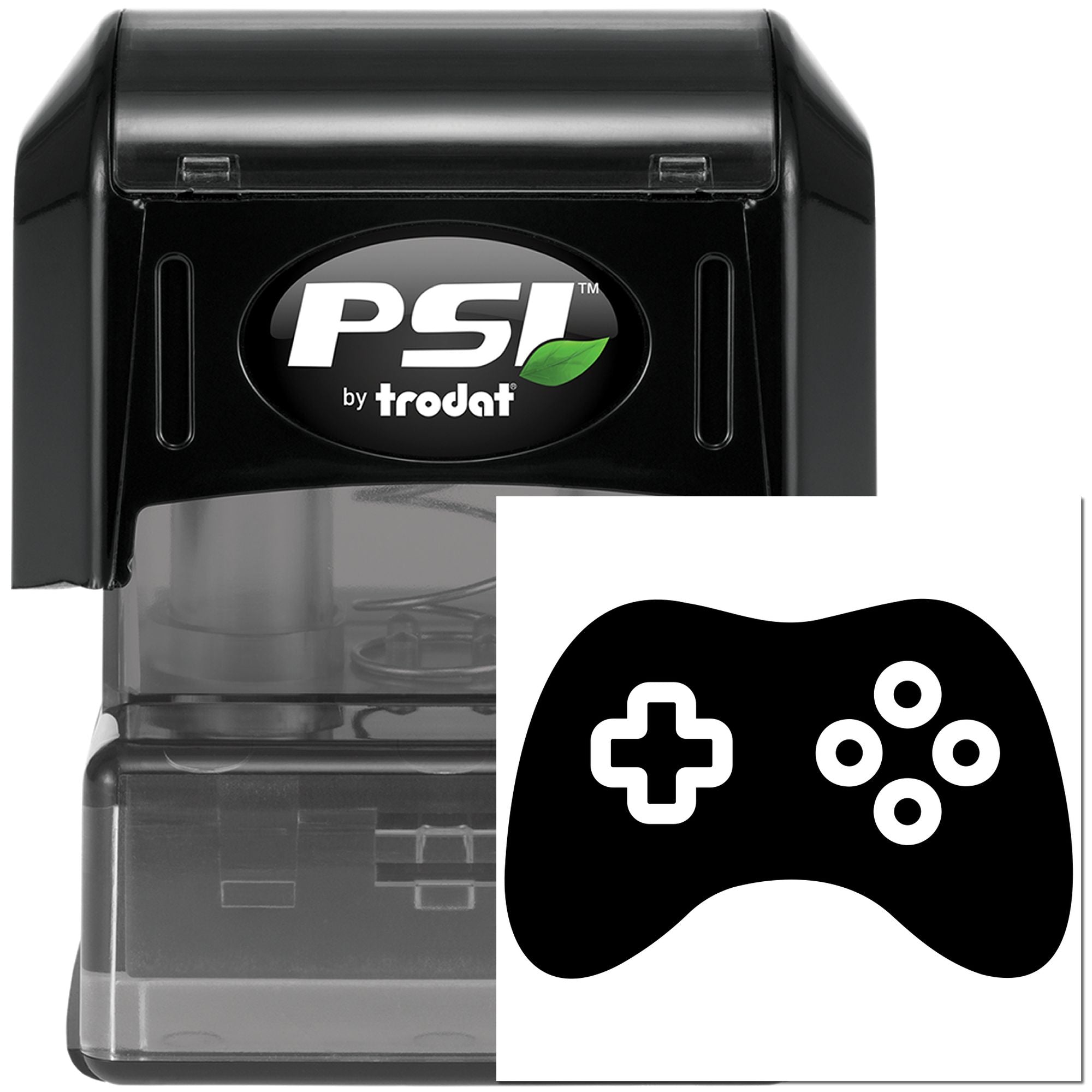 PSI by Trodat self-inking custom rubber stamp with game controller icon, ideal for gaming-themed branding and impressions