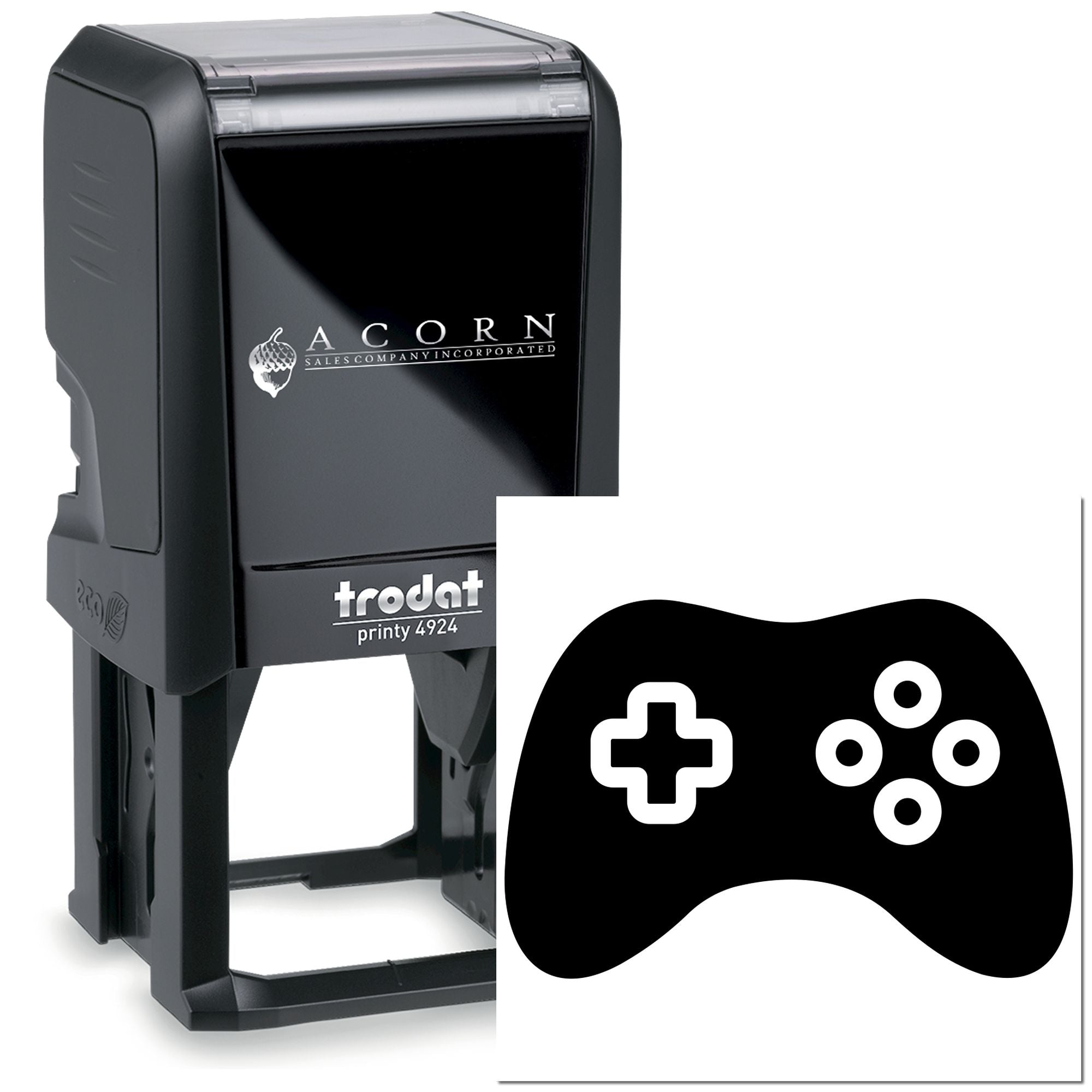 Custom self-inking rubber stamp, Trodat Printy 4924, with gaming controller icon for branded business use.
