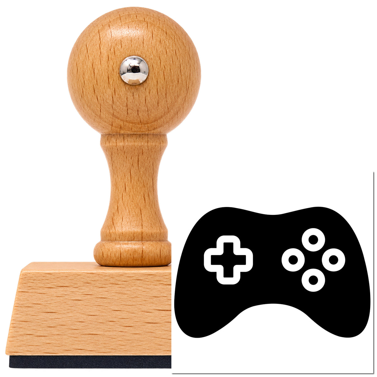 Ring-Button Game Controller Silhouette Vintage Pro rubber stamp in European beech wood with a round knob handle, shown beside its black imprint.