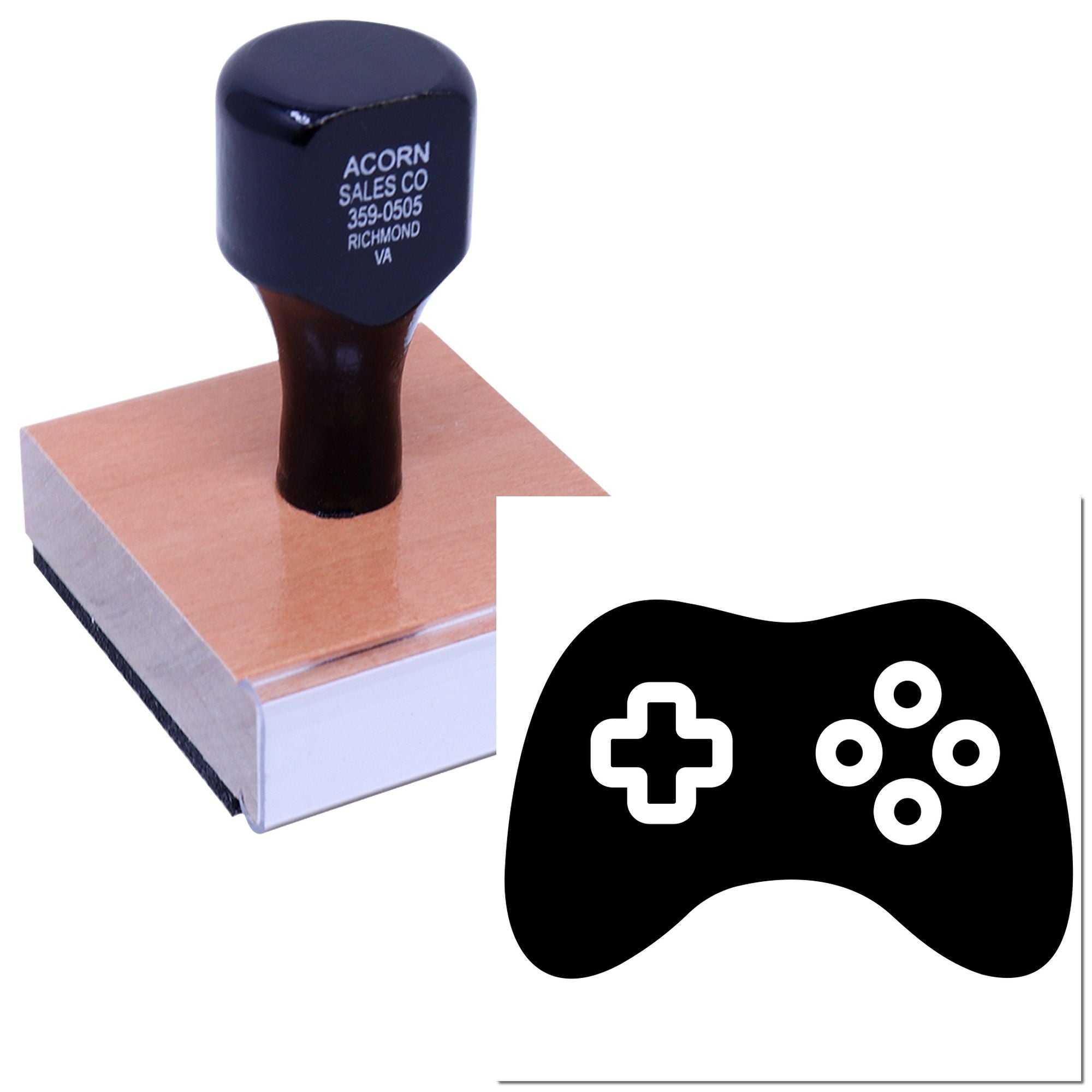 Custom rubber stamp with game controller logo for branded packaging, crafts, and promotional business use.