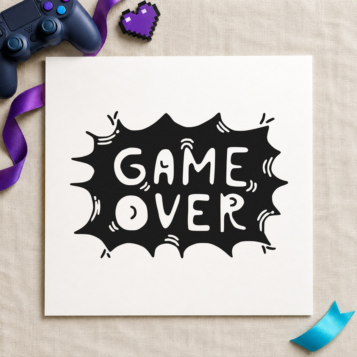 Game Over Comic Burst craft stamp in black ink on cardstock, an easy option for graduation album page.