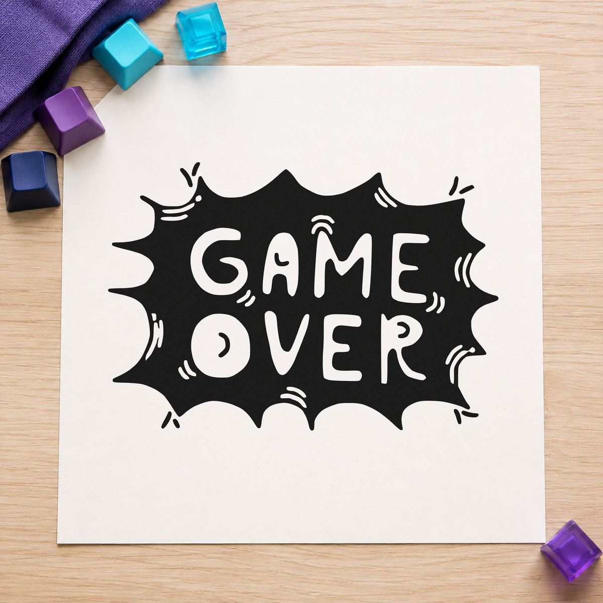 Game Over Comic Burst rubber stamp printed in black ink, ready for party run sheet and similar paper crafts.