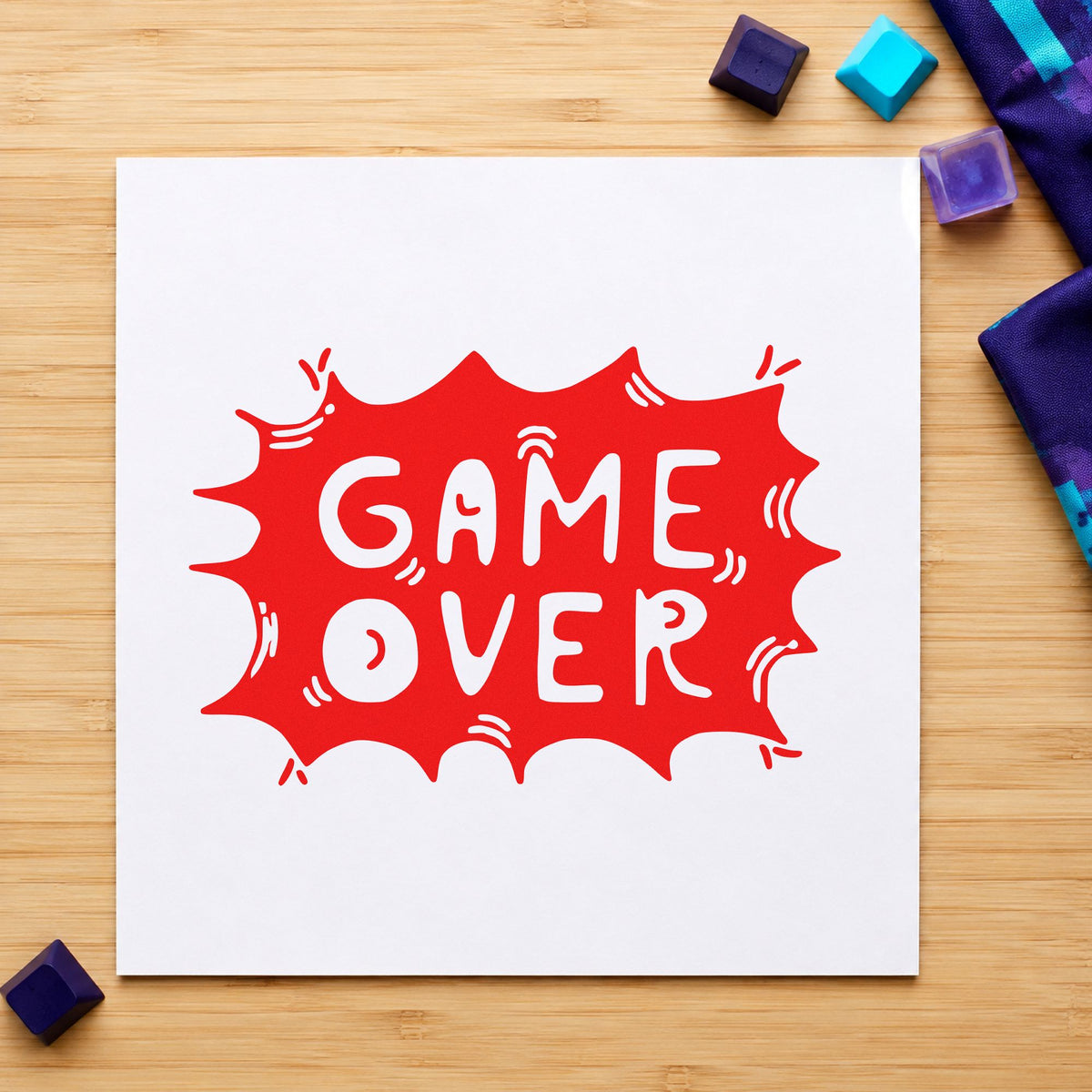 Game Over Comic Burst rubber stamp shown in red ink, stamped for projects such as bin console labels.