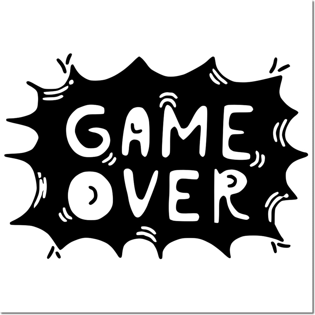 Game Over rubber stamp design with bold comic burst graphic for crafting, scrapbooking, and game-themed projects.