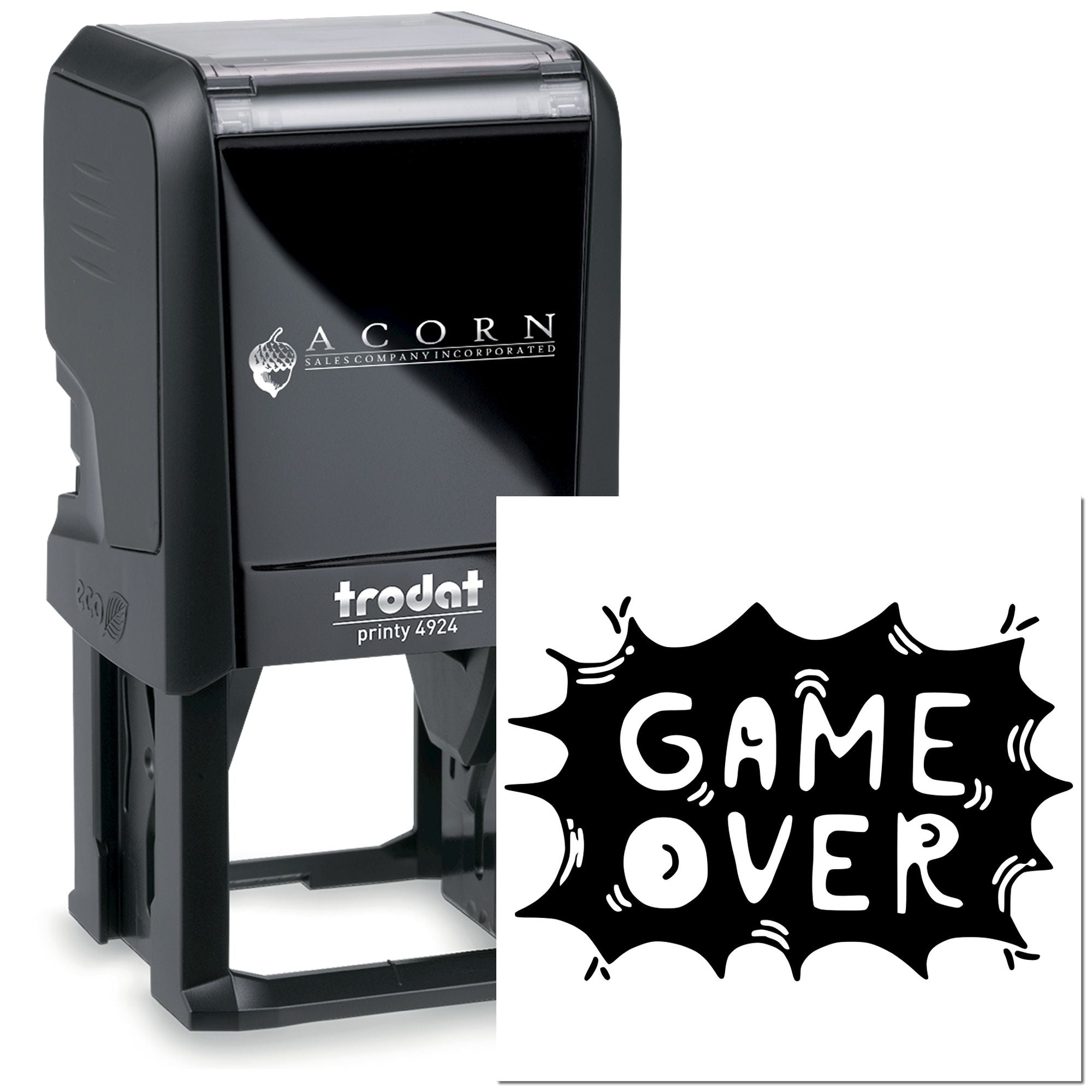 Custom self-inking rubber stamp, Trodat Printy 4924, with bold Game Over design for gaming, crafts, and novelty stamping.