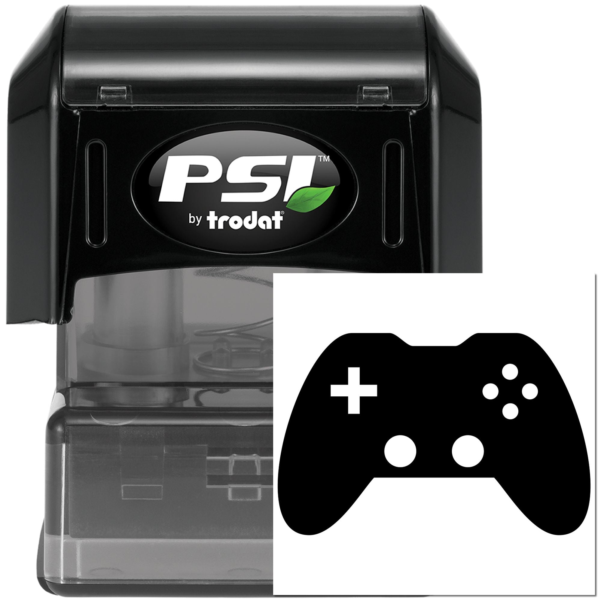 PSI by Trodat self-inking custom rubber stamp with video game controller icon for gaming-themed branding