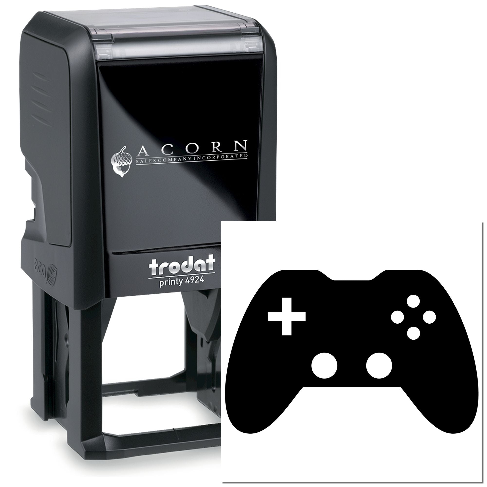 Custom self-inking rubber stamp, Trodat Printy 4924, with Acorn Sales Company logo and gaming controller icon design.