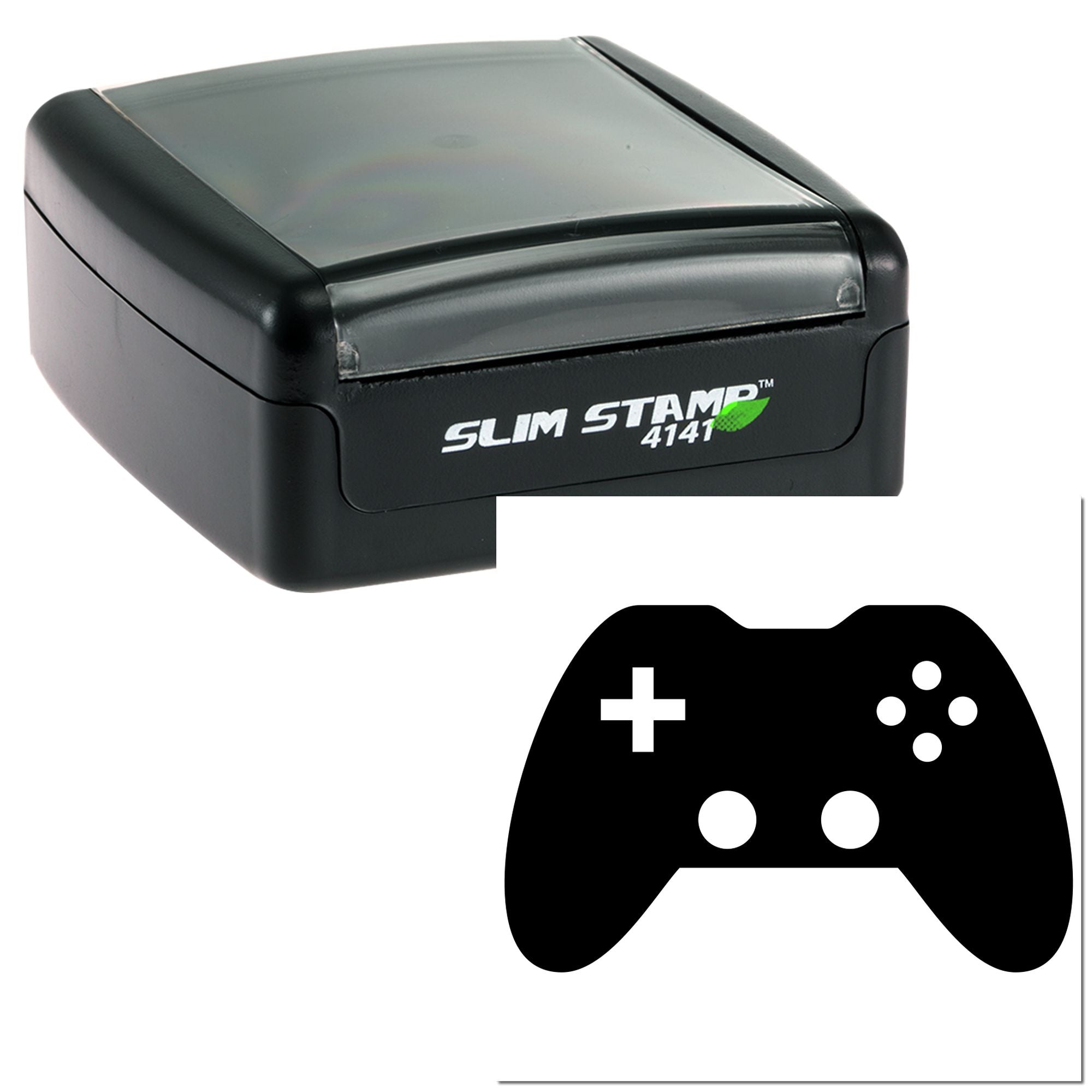 Slim Stamp 4141 self-inking rubber stamp with game controller design for custom gaming-themed impressions.