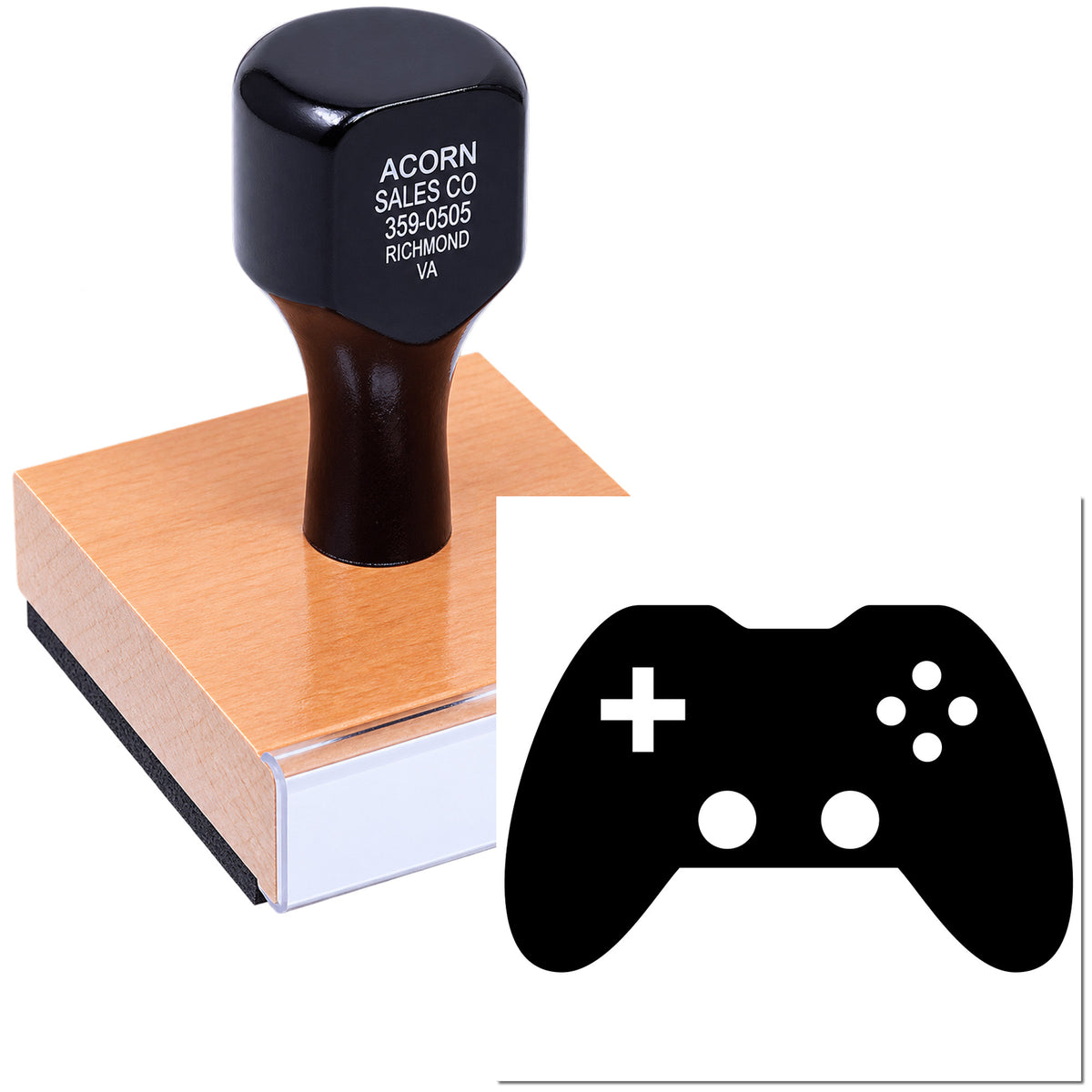 Custom rubber stamp with video game controller design for gaming stores, branding, and packaging.