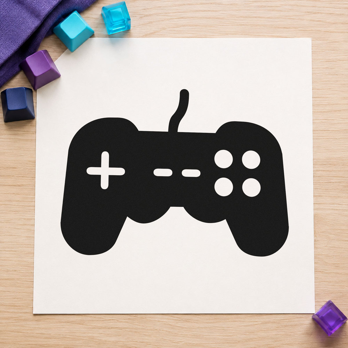 Wired Controller Button Graphic craft stamp imprint in black ink on a handmade project, one idea being donated kit tags.