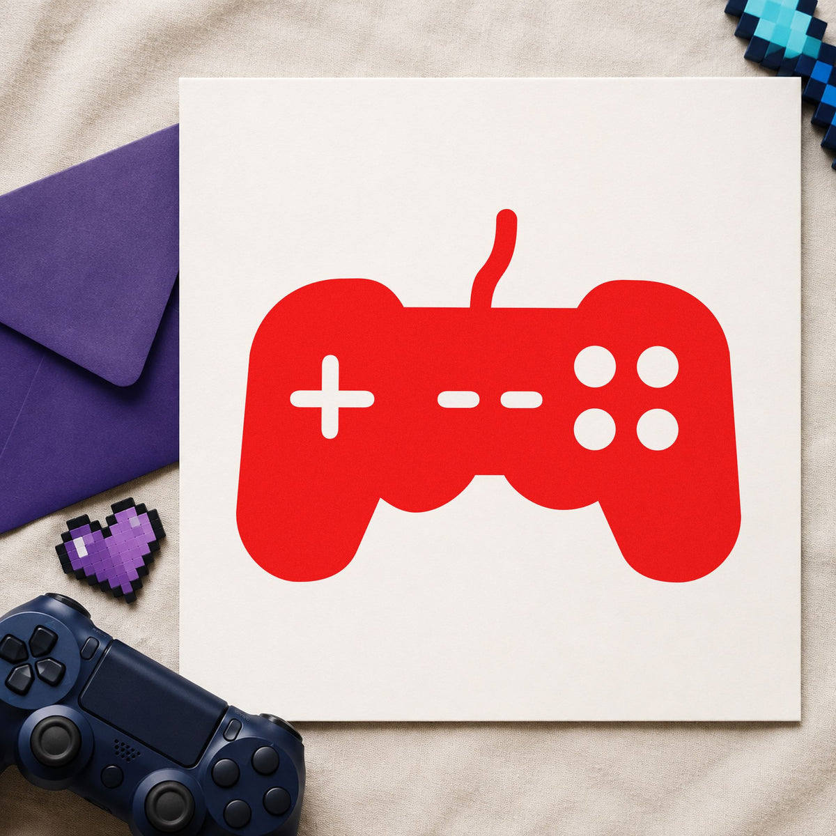 Wired Controller Button Graphic craft stamp imprint in red ink on a handmade project, one idea being donor thanks cards.