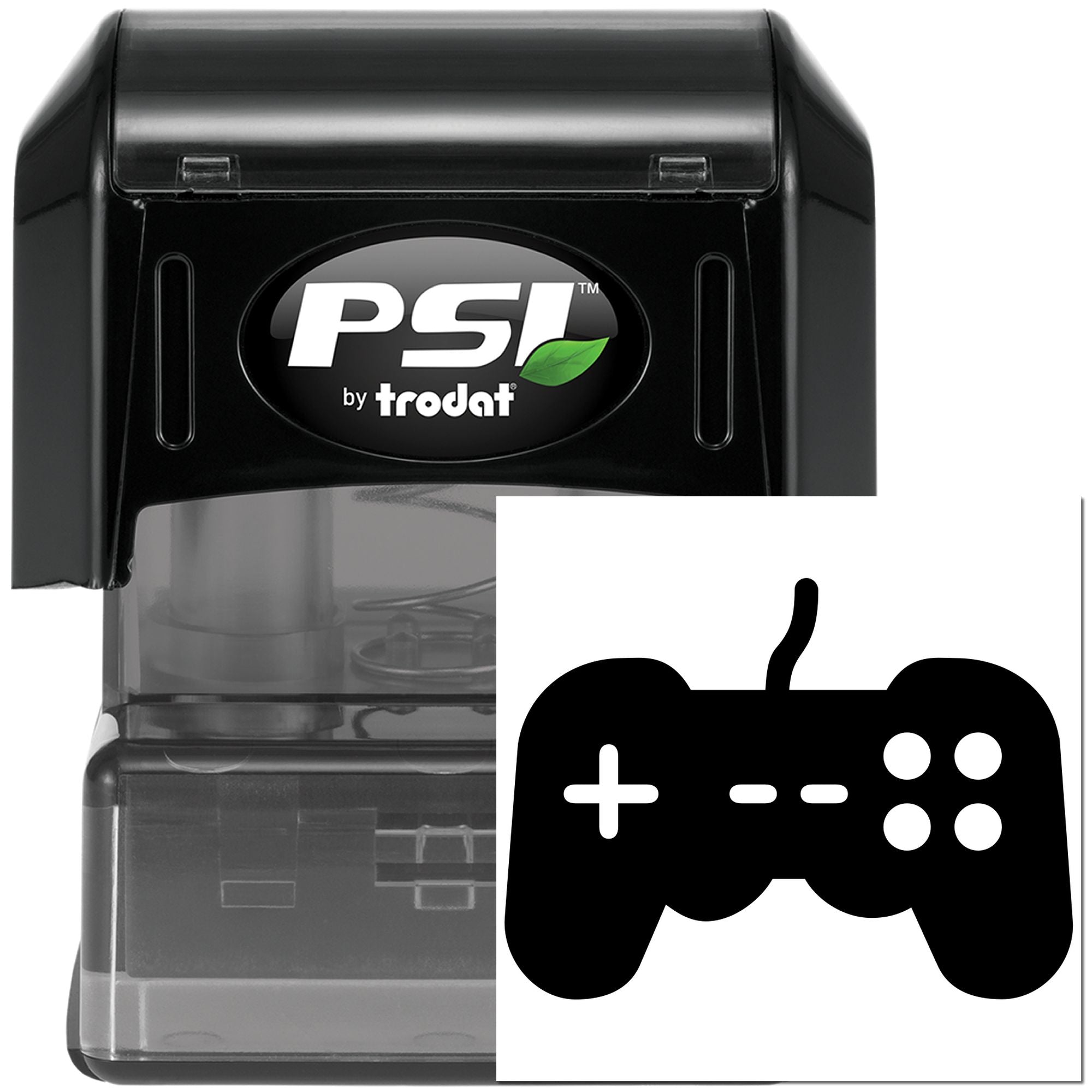 PSI by Trodat self-inking rubber stamp with game controller icon, ideal for custom craft or business stamping